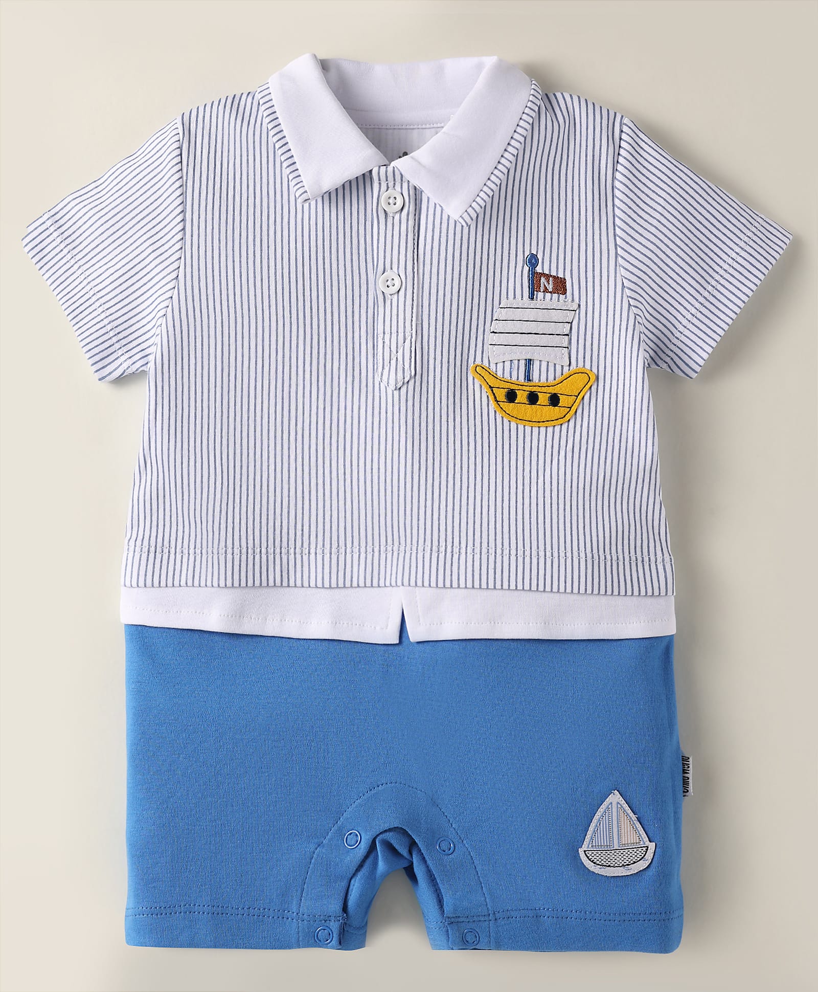 Child World Interlock Knit Half Sleeves Striped Romper with Ship Patch - Blue-image-13