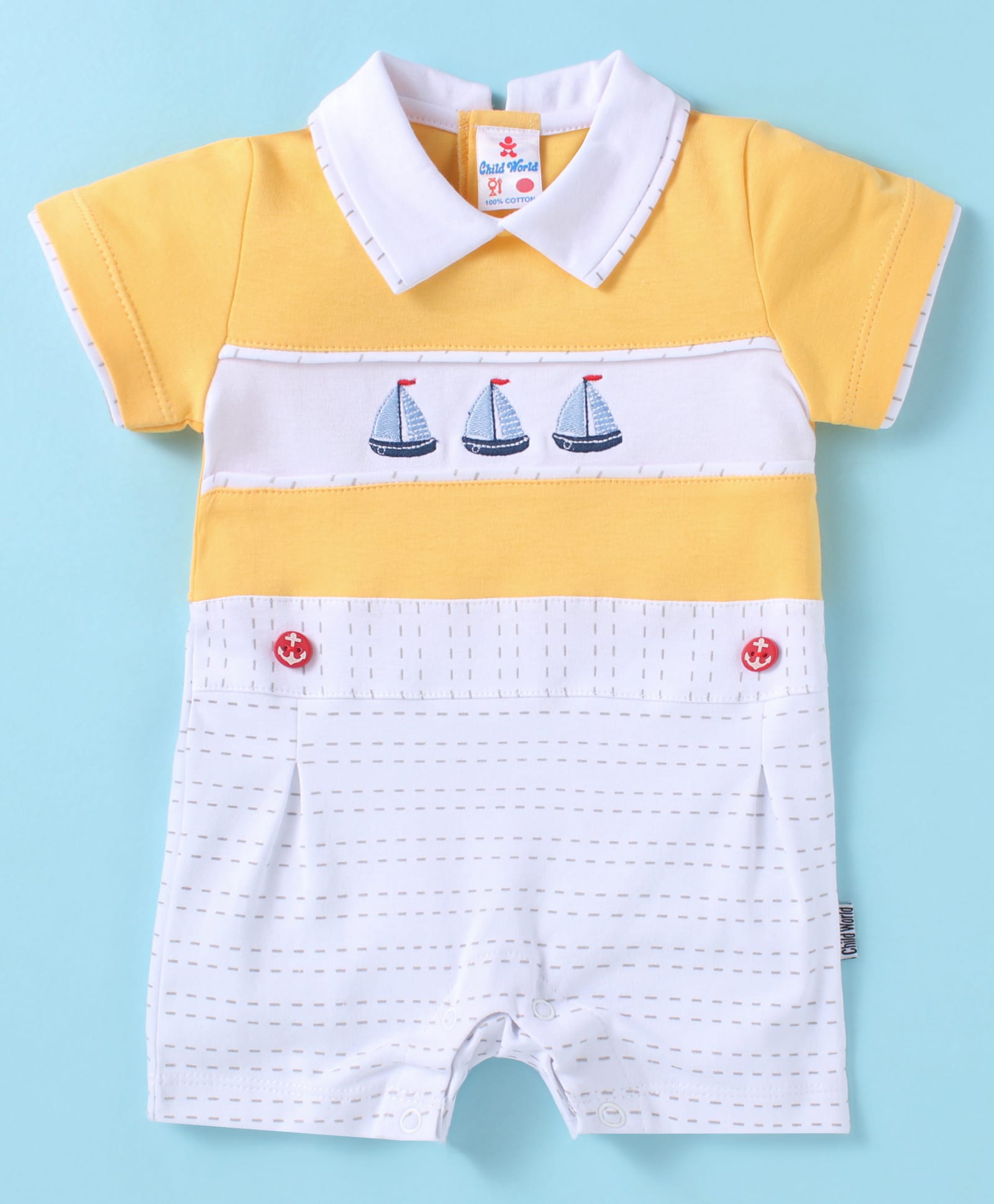 Child World Interlock Knit Half Sleeves Romper With Boat Embroidery - Golden & White-image-39