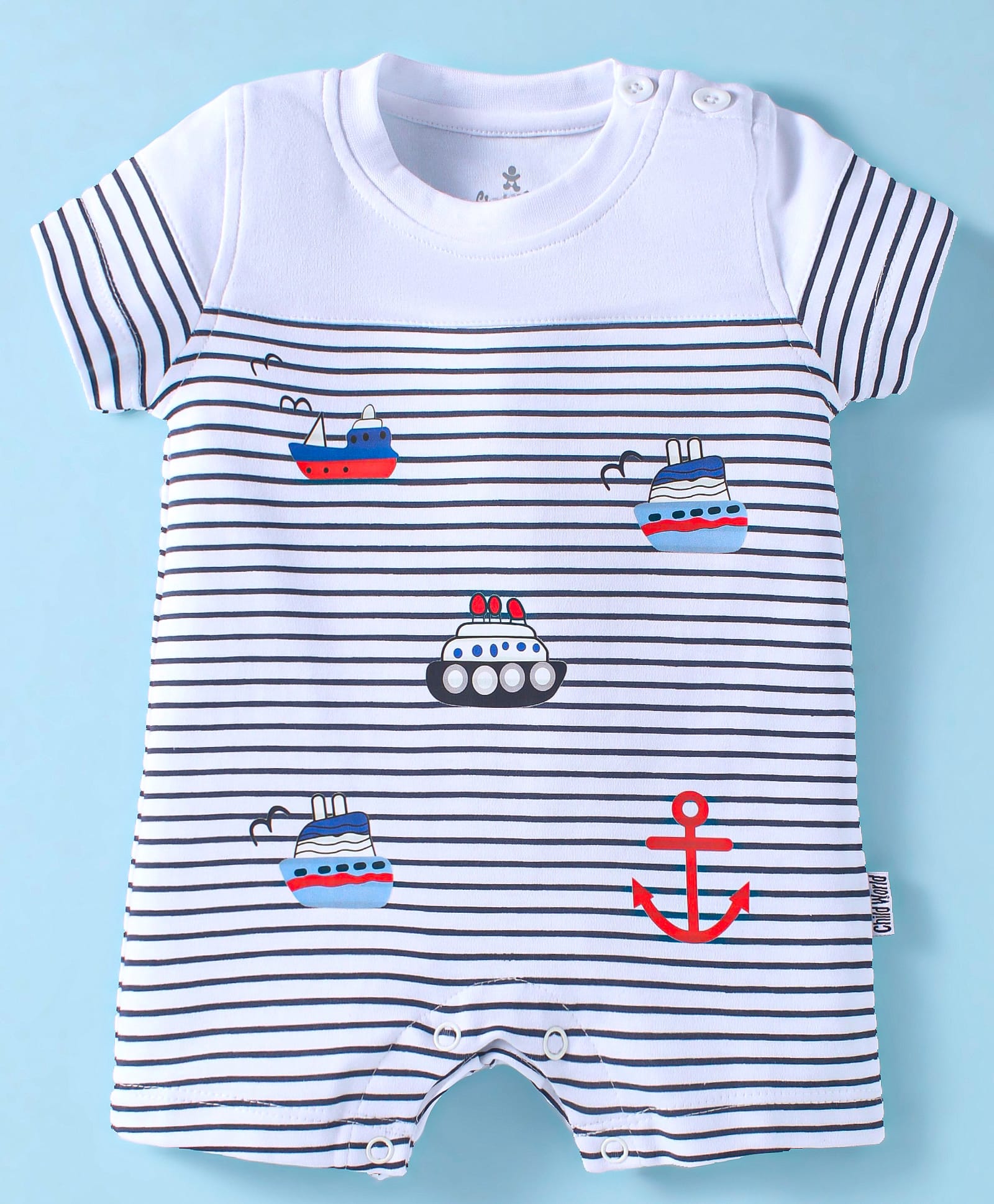 Child World Interlock Knit Half Sleeves Striped Romper with Nautical Theme Print - White-picture-45