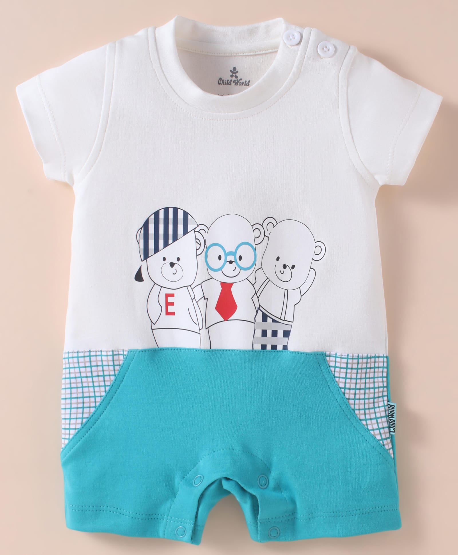 Child World Interlock Knit Half Sleeves Romper With Animal Print - White & Turquoise-picture-12
