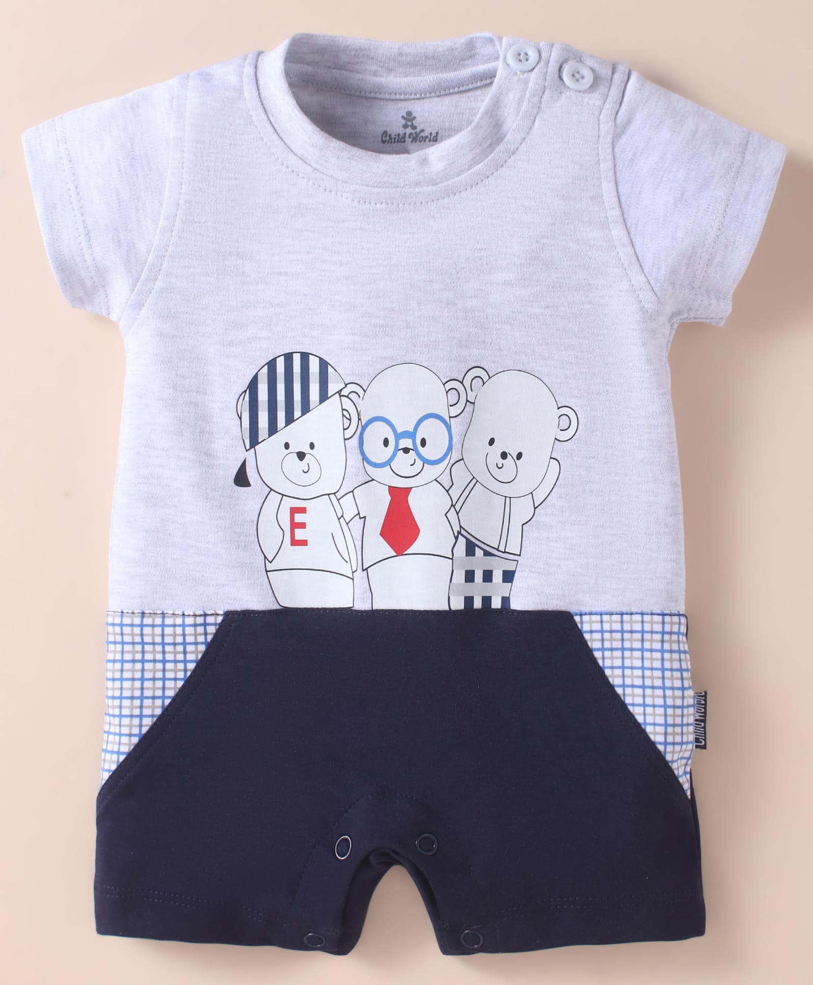 Child World Interlock Knit Half Sleeves Romper With Animal Print - White & Navy Blue-image-23
