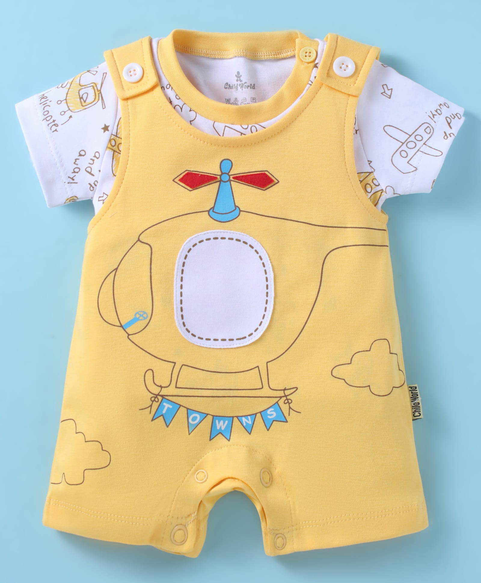 Child World Interlock Knit Dungaree Style Romper & Half Sleeves T-Shirt with Helicopter Print- Golden-image-38