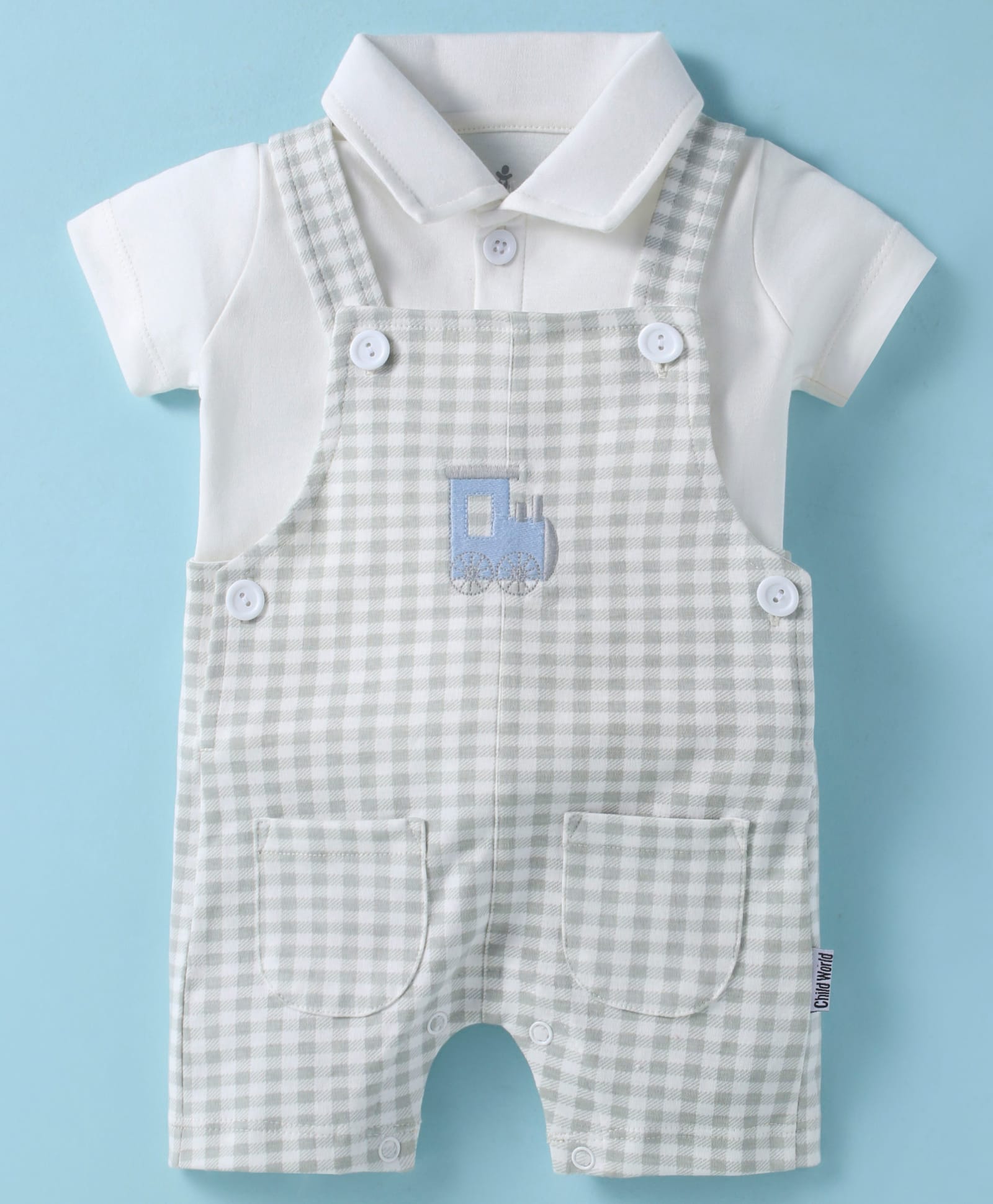 Child World Interlock Knit Half Sleeves Shirt & Checkered Dungaree Style Romper with Rail Engine Embroidery - Grey-image-30