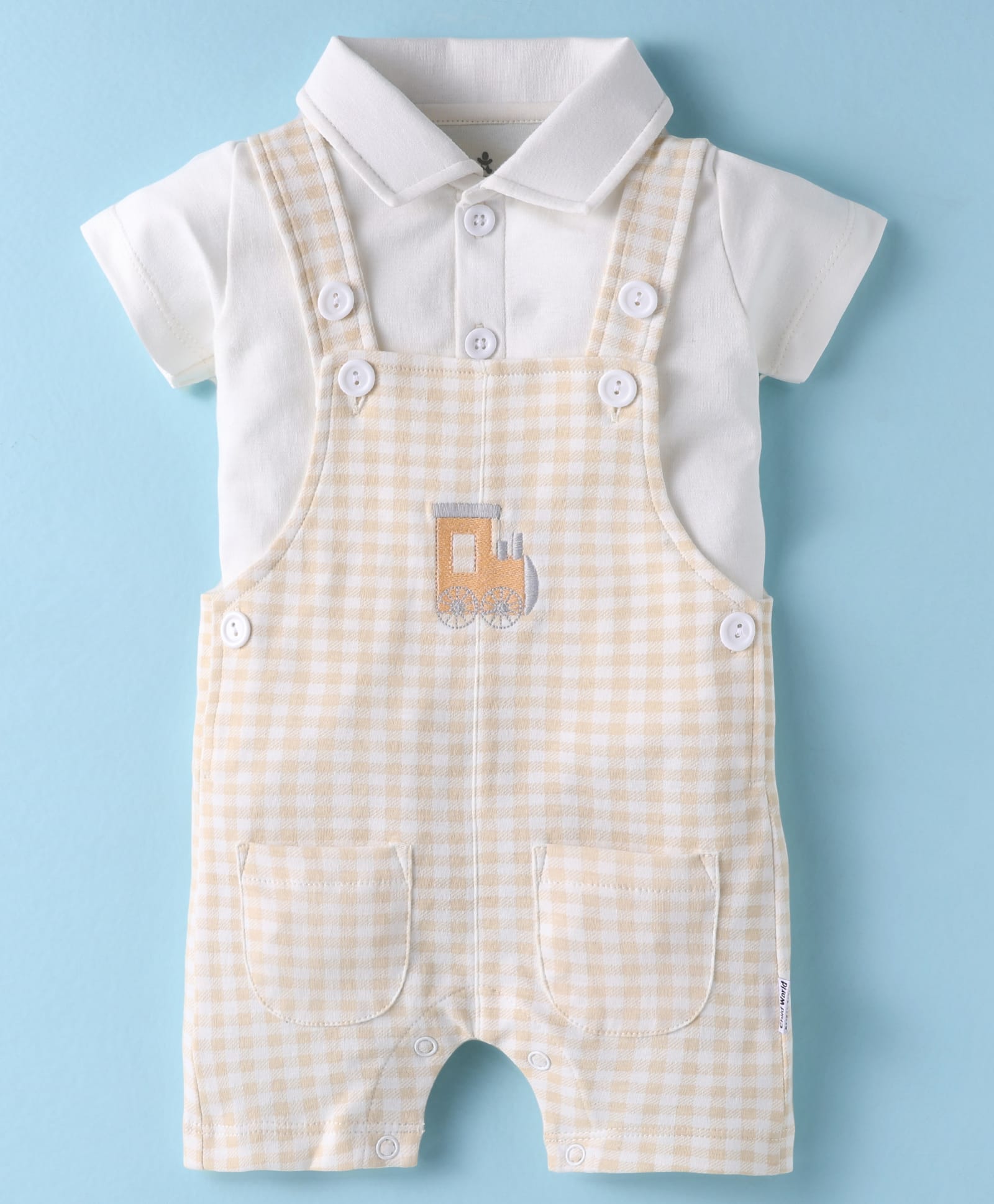 Child World Interlock Knit Half Sleeves Shirt & Checkered Dungaree Style Romper with Rail Engine Embroidery - Beige-picture-33
