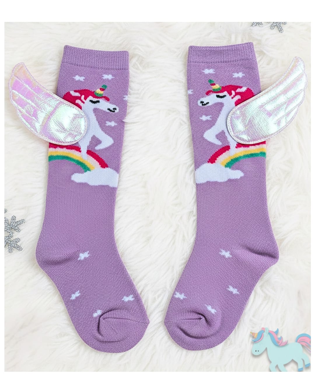 Yellow Bee Cotton Unicorn Designed & Wings Applique Detailed Socks - Purple-image-46