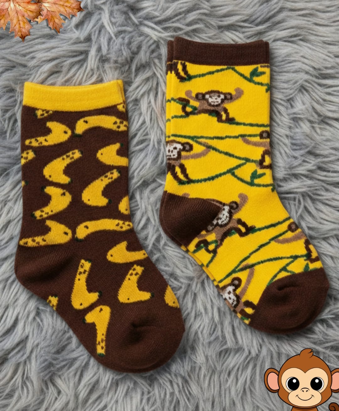 Yellow Bee Cotton Pack Of 2 Monkey & Banana Designed Socks - Brown & Yellow-image-6