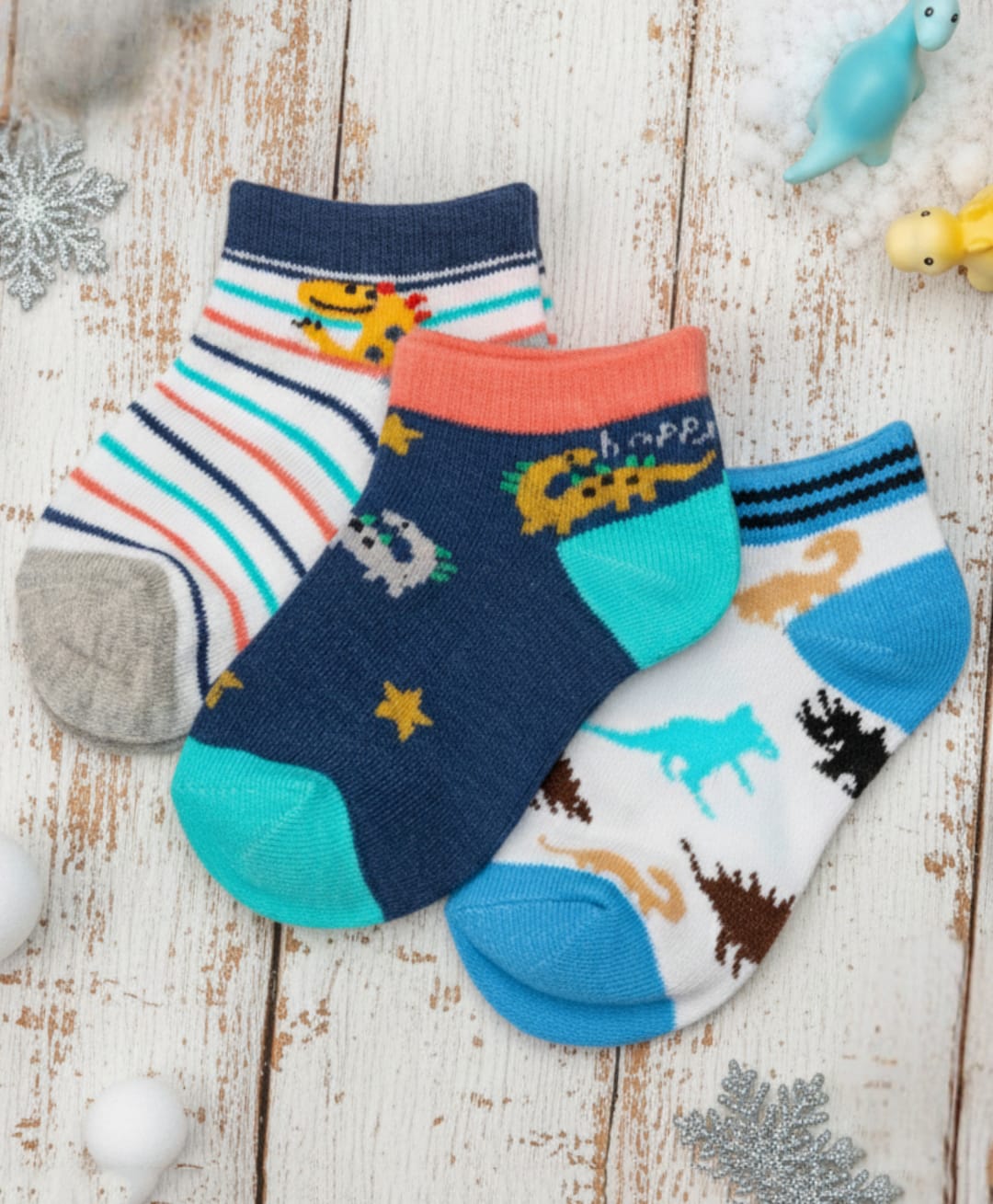 Yellow Bee Cotton Pack Of 3 Dinosaur Designed & Striped Socks - Multi Colour-image-24