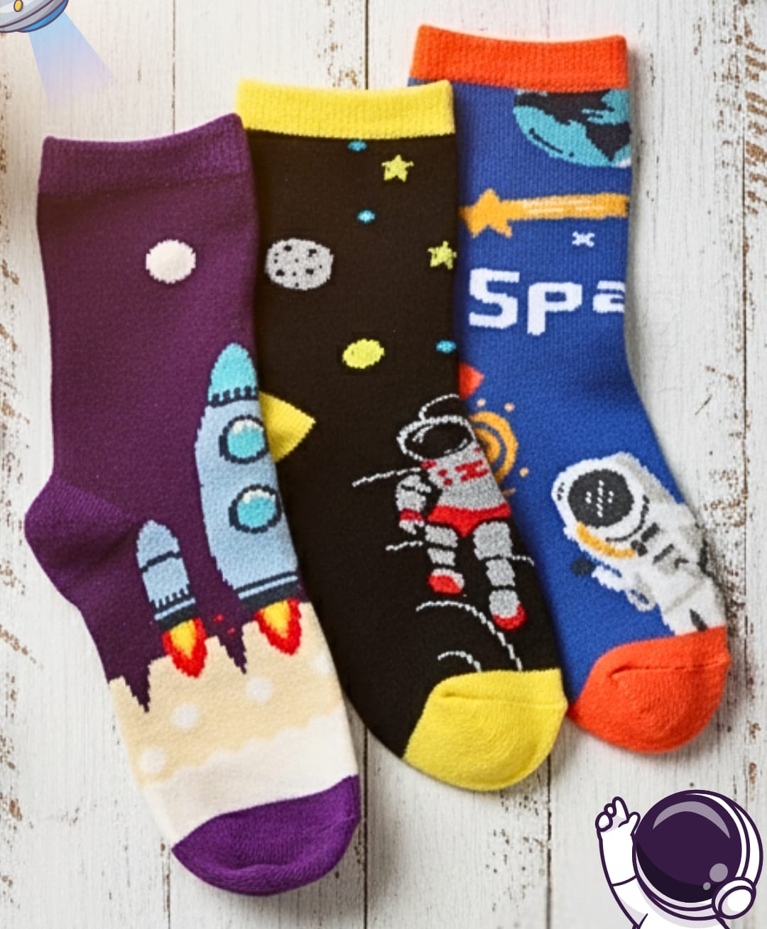 Yellow Bee Cotton Pack Of 2 Space Theme Designed Socks - Blue Purple & Black-picture-11