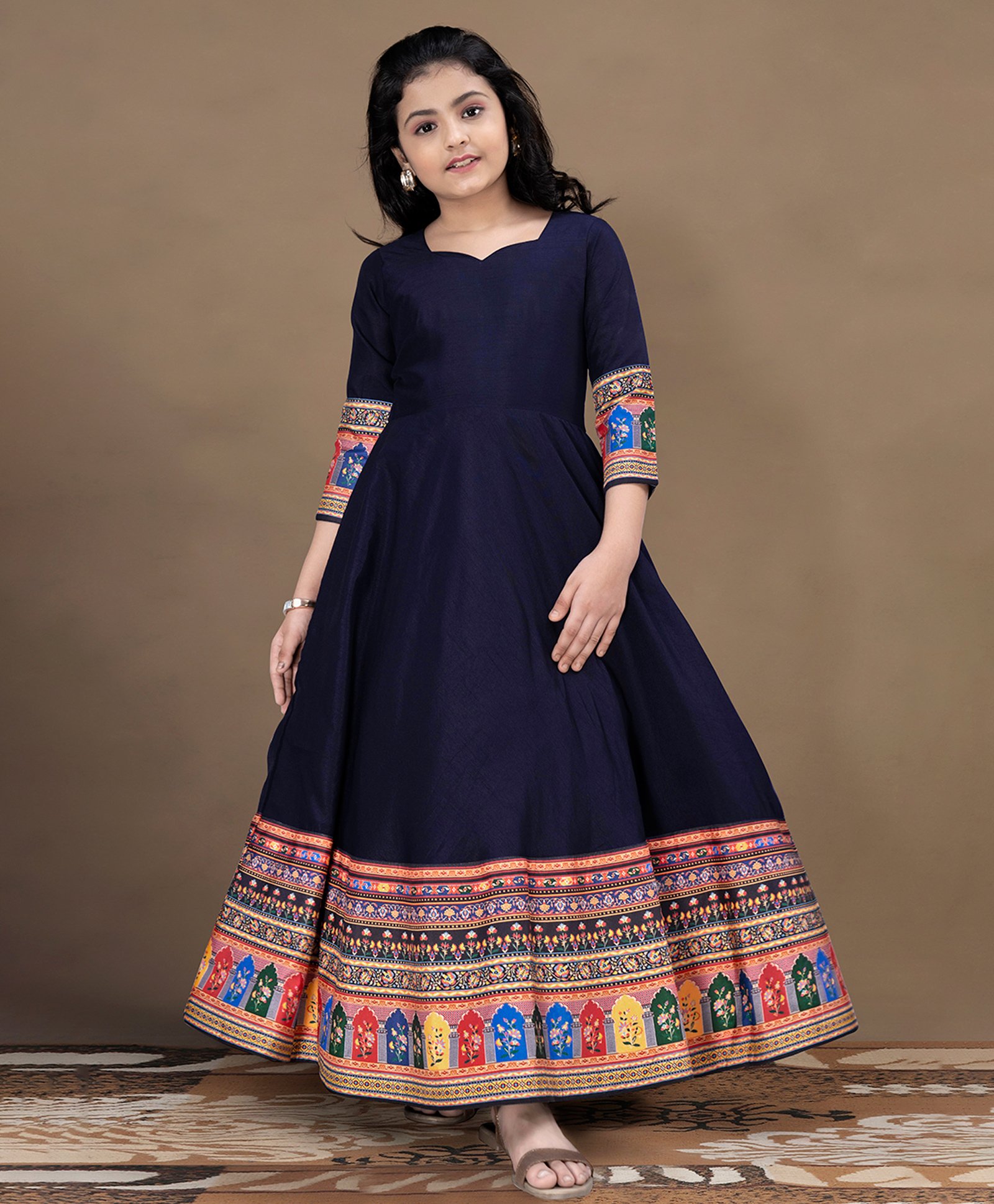 Fashion Dream Three Fourth Sleeves Floral & Ethnic Printed Maxi Dress - Navy Blue-image-1