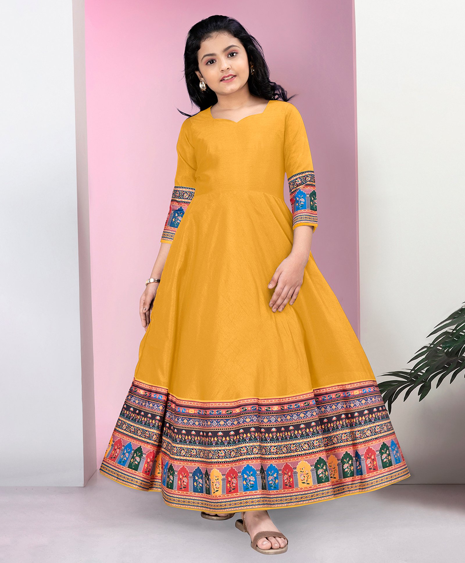 Fashion Dream Three Fourth Sleeves Floral & Ethnic Printed Maxi Dress - Mustard-image-32