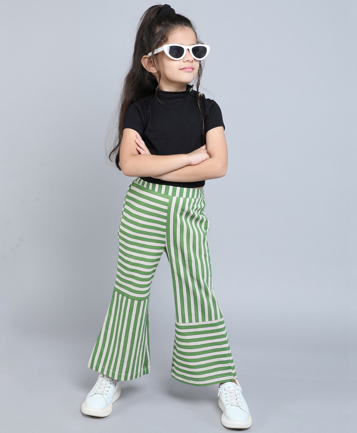 Taffykids Cotton Jersey Half Sleeves Solid Backless Tie Up Crop Top With Striped Pant Set - Black & Multi Colour-image-19