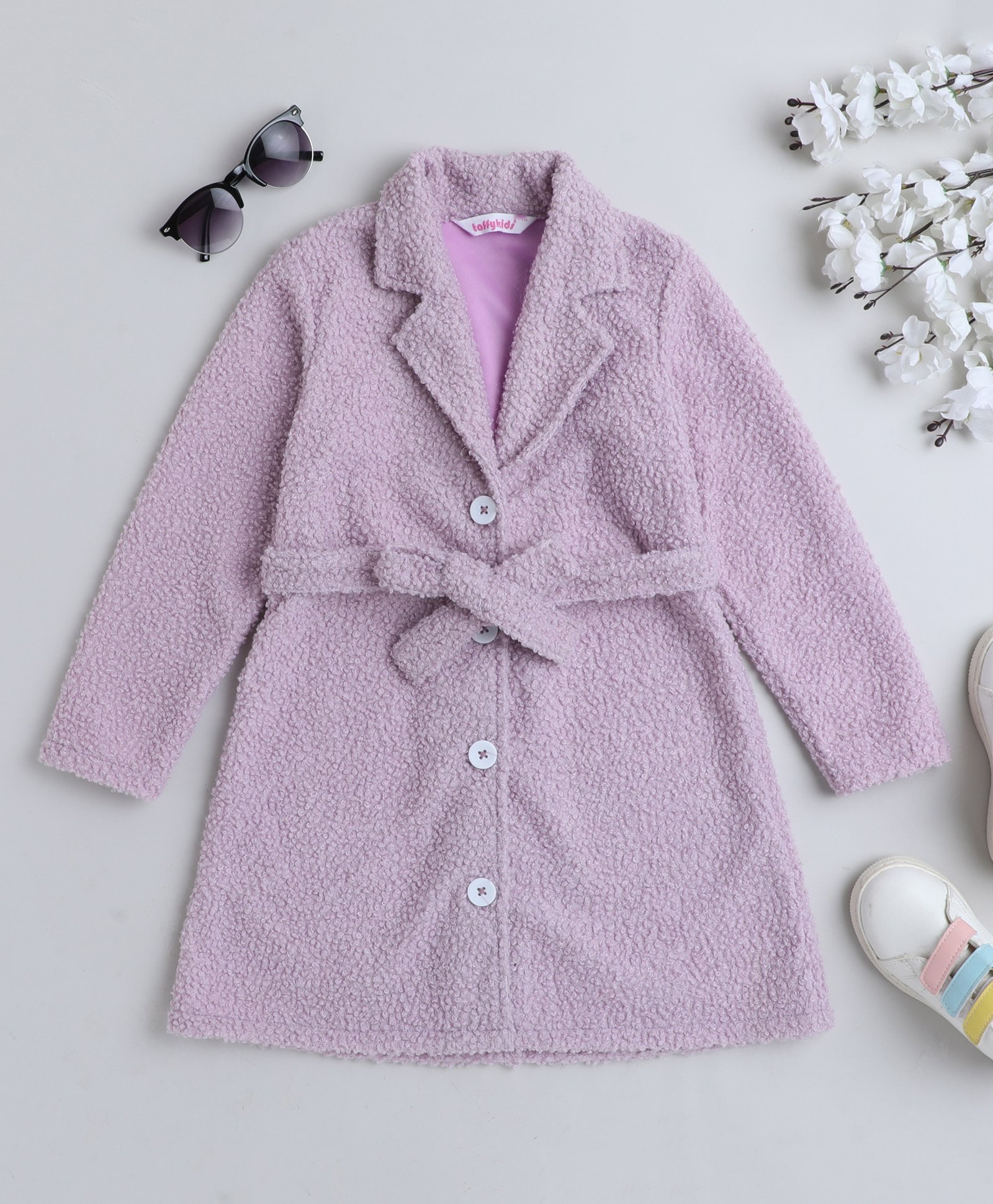 Taffykids Full Sleeves Textured Winter Jacket With Tie Up Belt - Lilac-picture-23