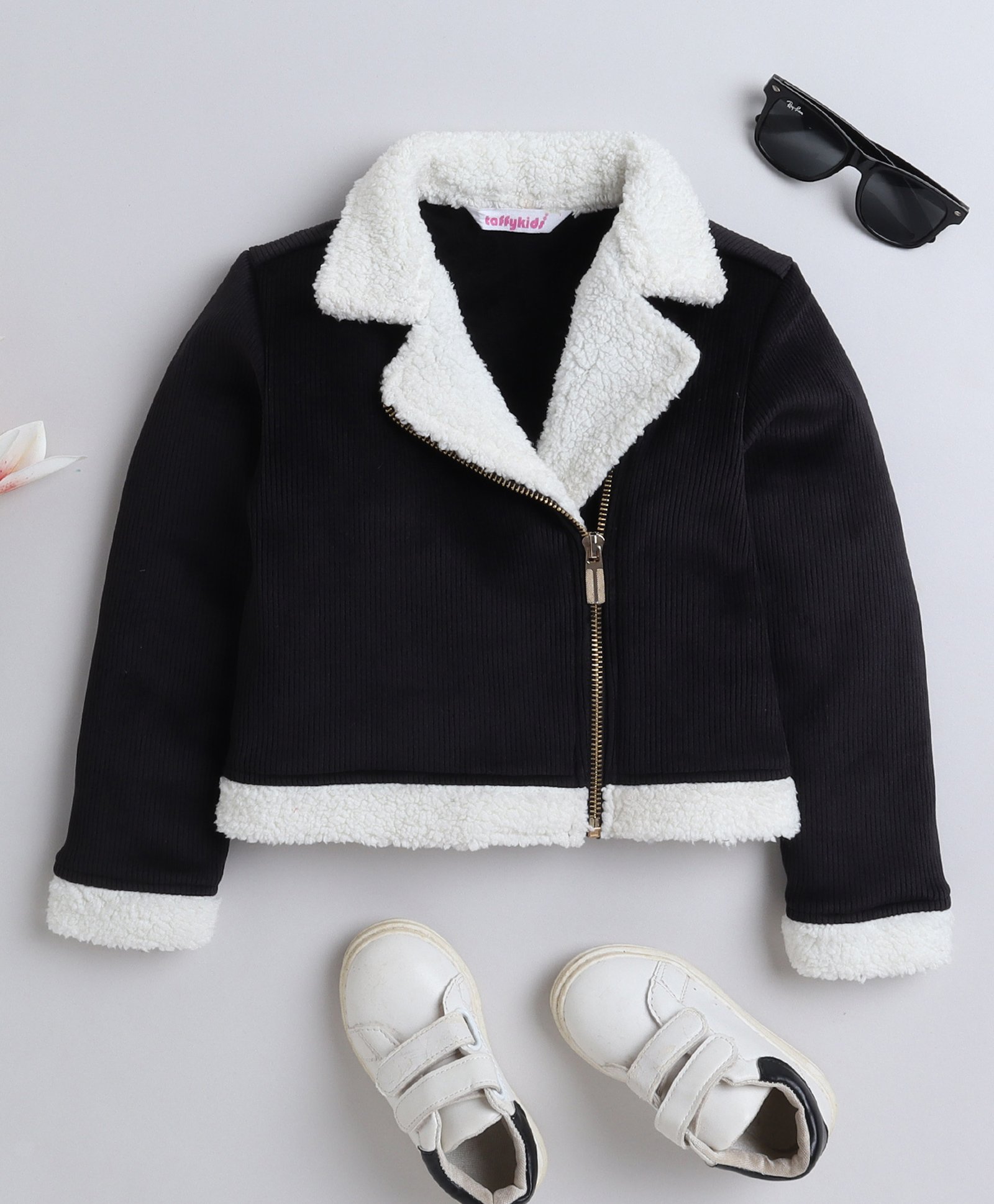 Taffykids Full Sleeves Colour Blocked Fur Detailed Crop Winter Jacket - Black & White-picture-41