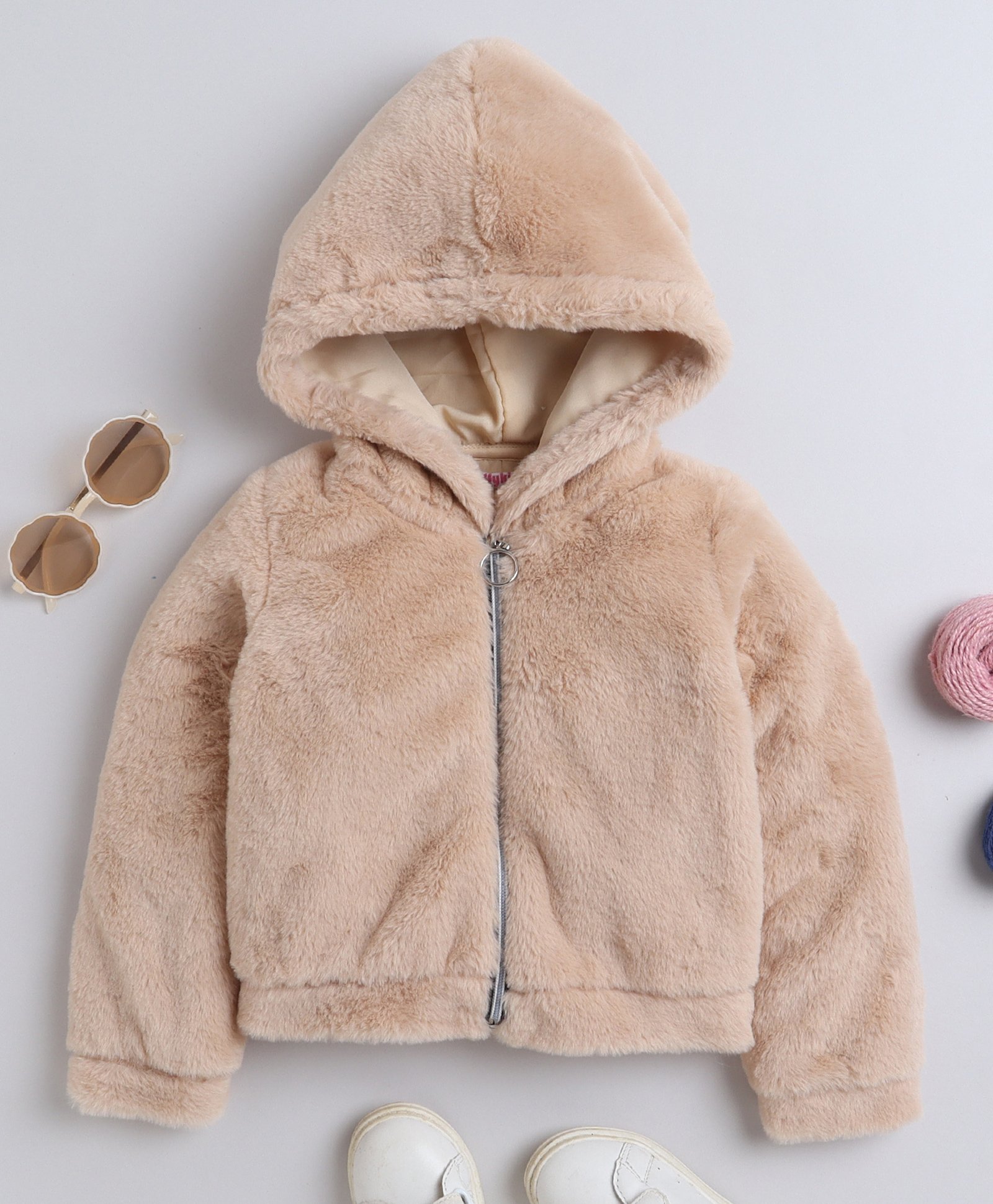 Taffykids Fur Full Sleeves Zip Up Hoodie - Beige-picture-24