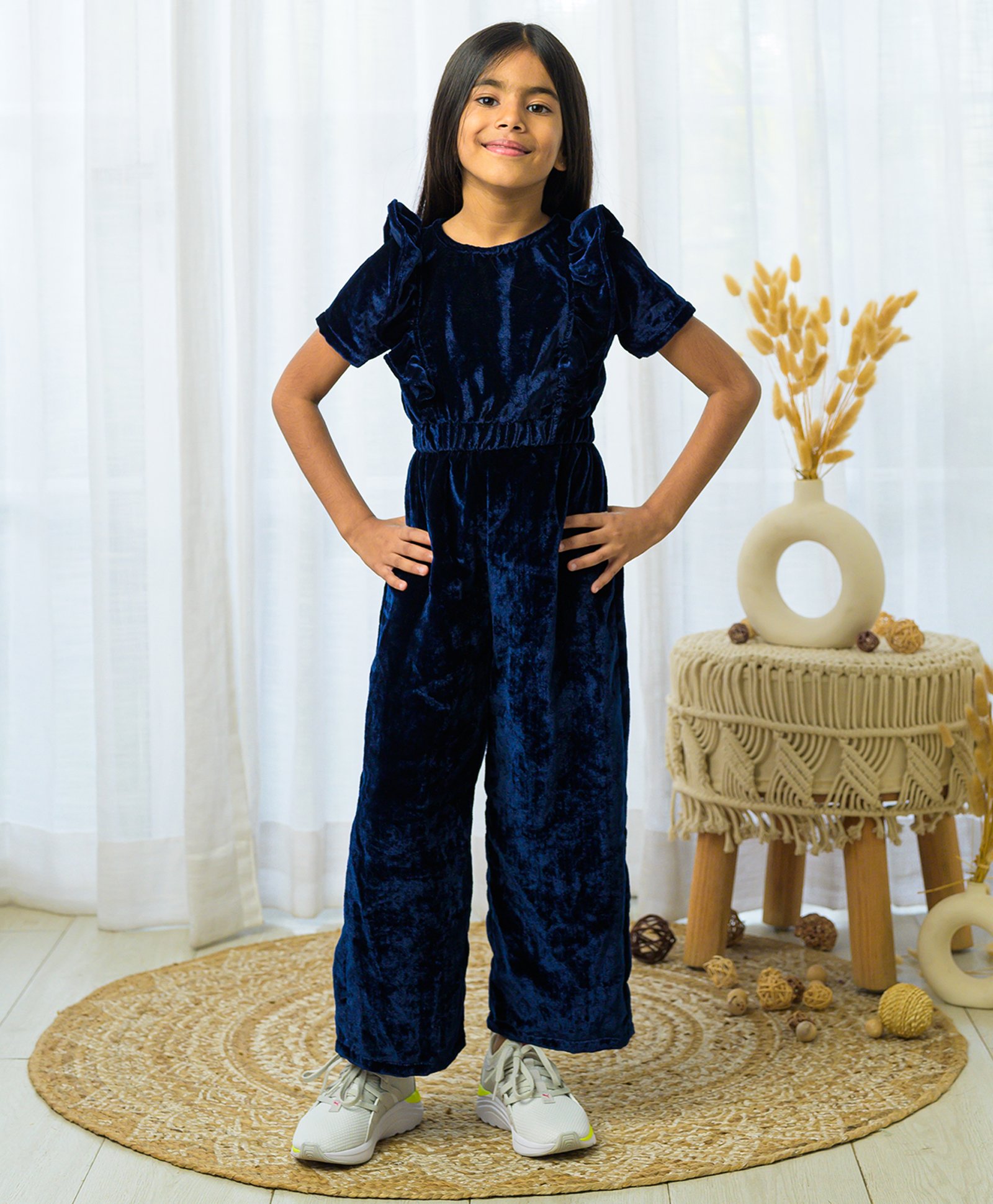 Fairies Forever Velvet Half Sleeves Solid Jumpsuit - Navy Blue-picture-12