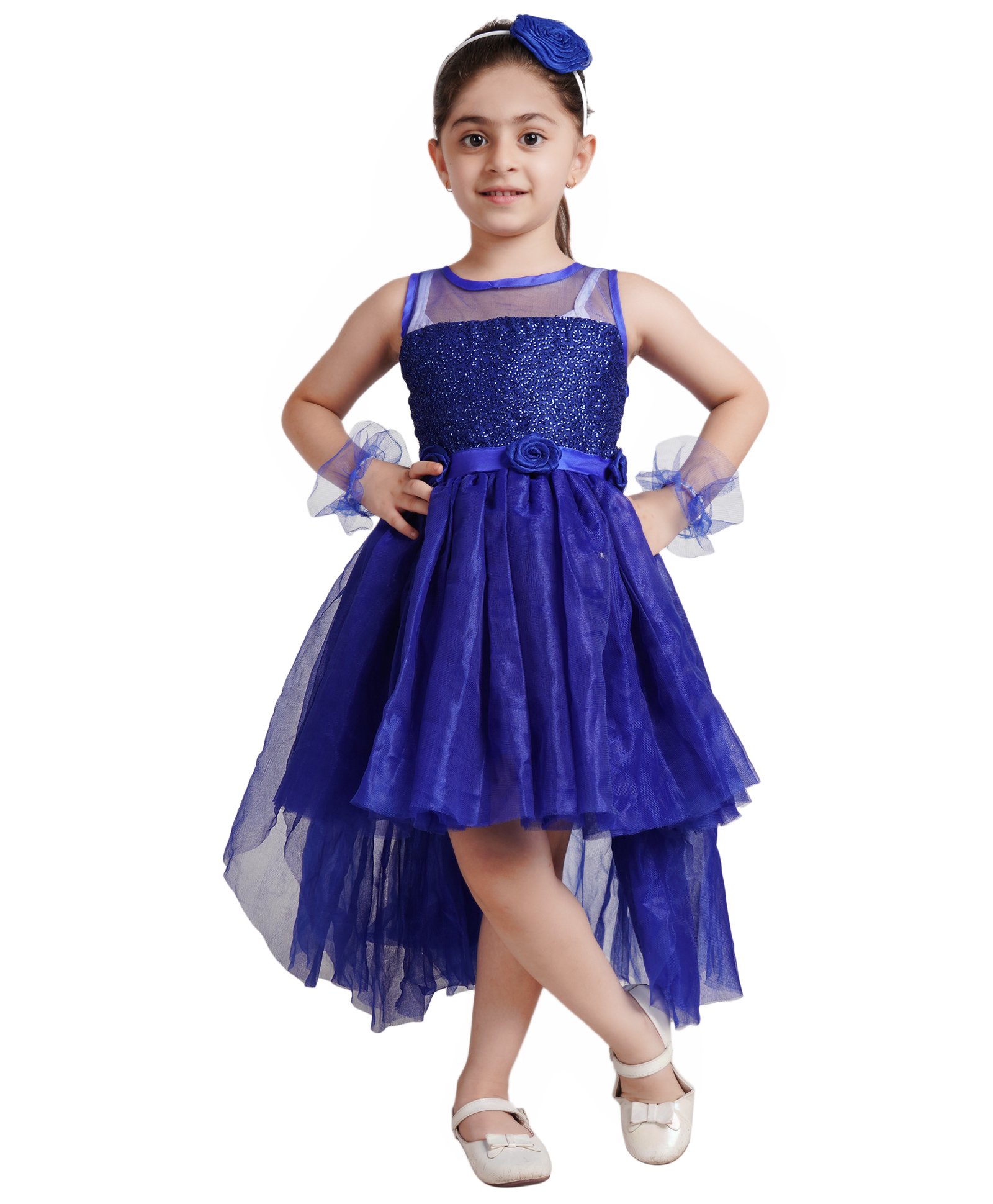 Kaku Fancy Dress Sleeveless Floral Applique Shimmered Dress With Wrsit Band & Hair Band - Blue-image-34