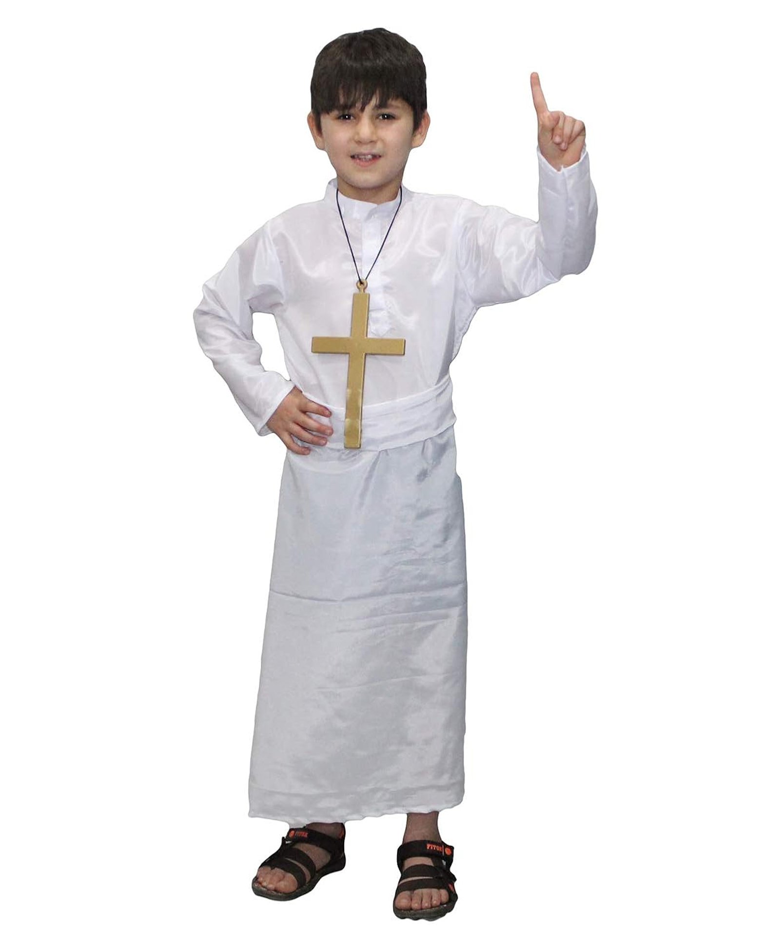 Kaku Fancy Dresses Full Sleeves Solid Priest Costume Set - White-image-27