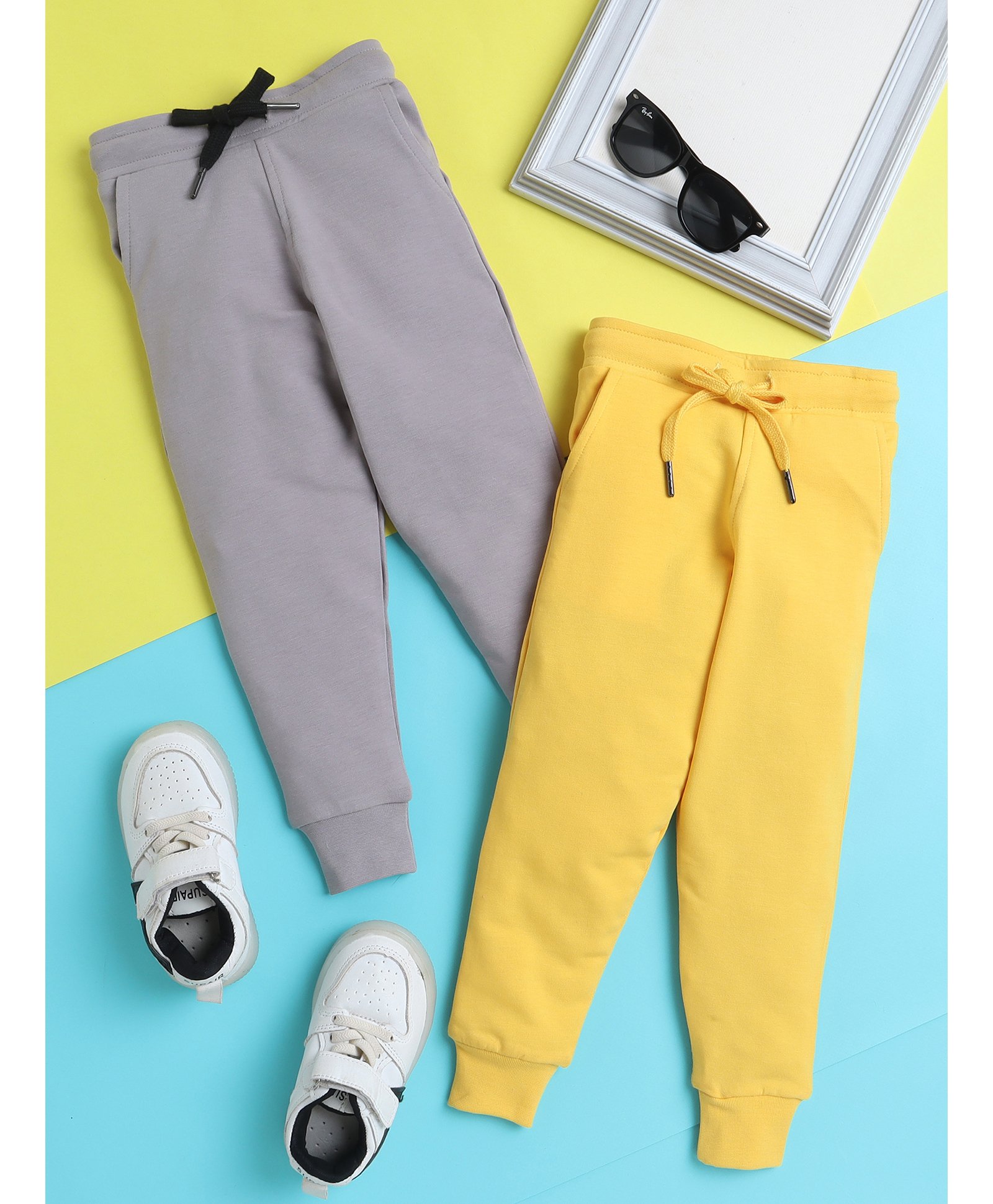Knitting Doodles Pure Cotton Terry Pack Of 2 Solid Pants - Grey & Yellow-picture-25