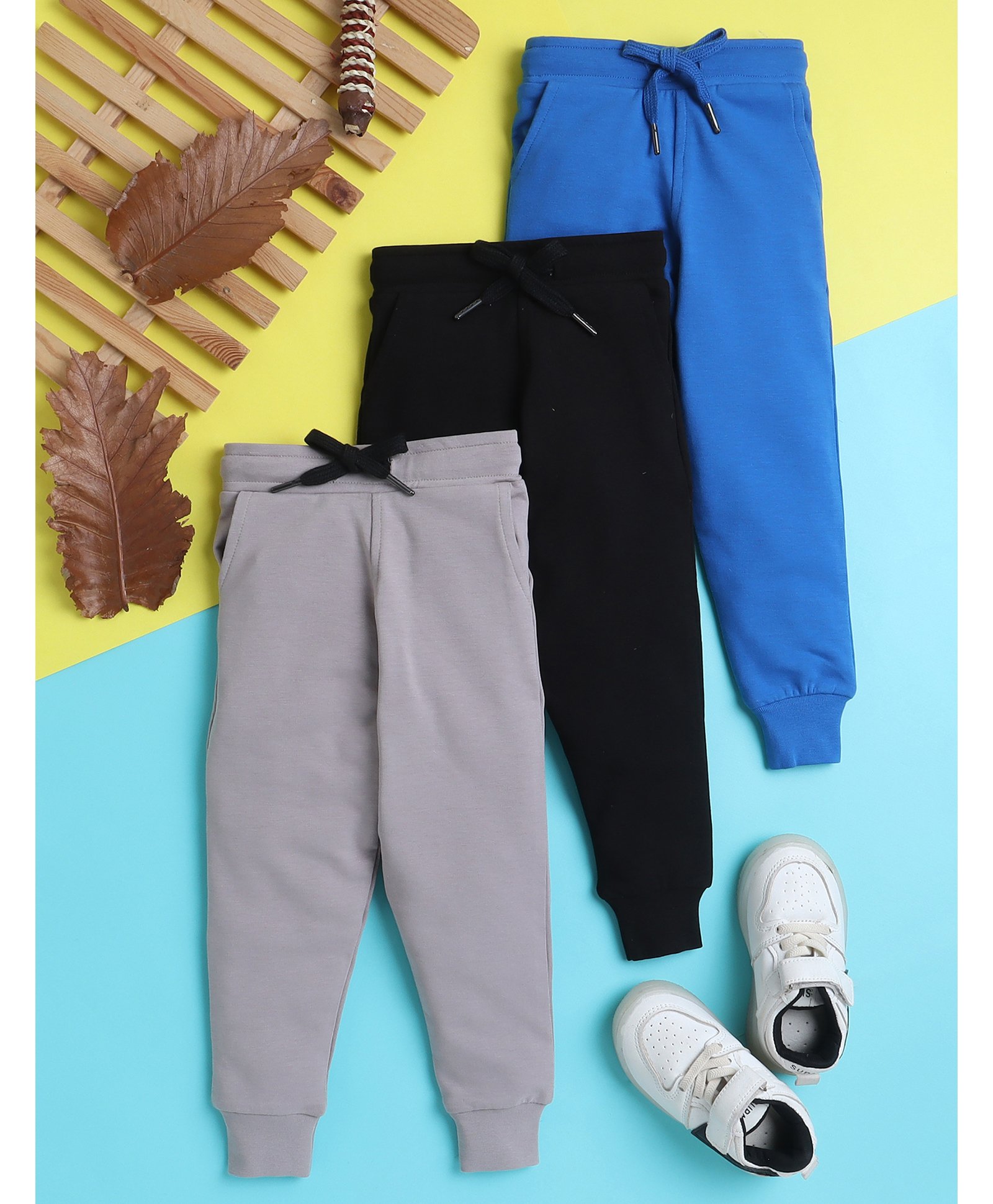 Knitting Doodles Pure Cotton Terry Pack Of 3 Solid Pants - Grey Blue & Black-picture-15