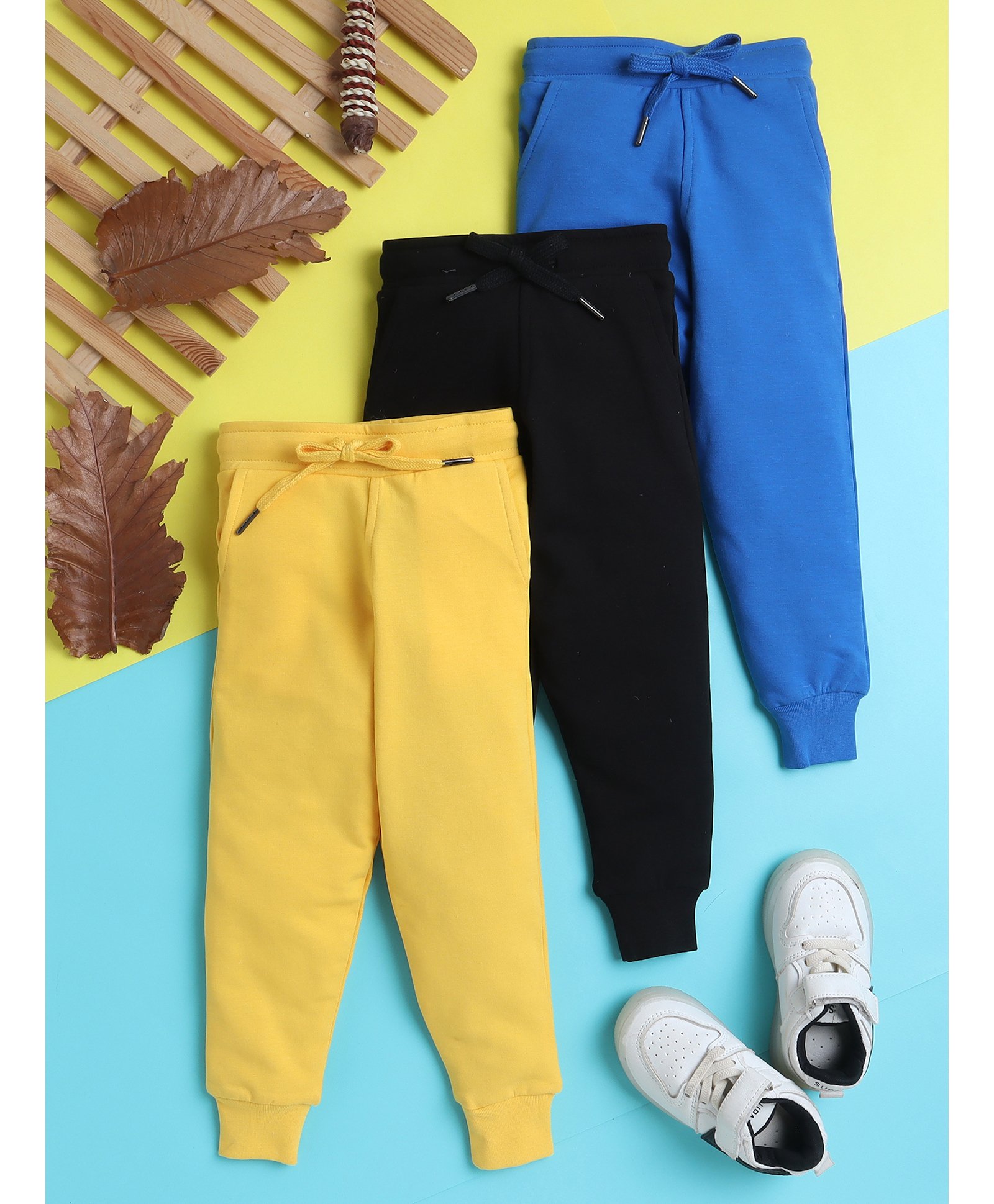 knitting doodles Knitting DoodlesPure Cotton Terry Pack Of 3 Solid Pants - Yellow Blue & Back-picture-11