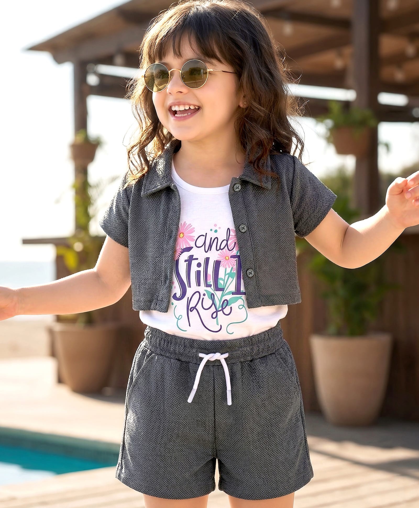kookie kids india Kookie Kids Cotton Knitted Half Sleeves Textured Shirt & Shorts Set with Text Printed Inner T-Shirt - Charcoal Grey-picture-11