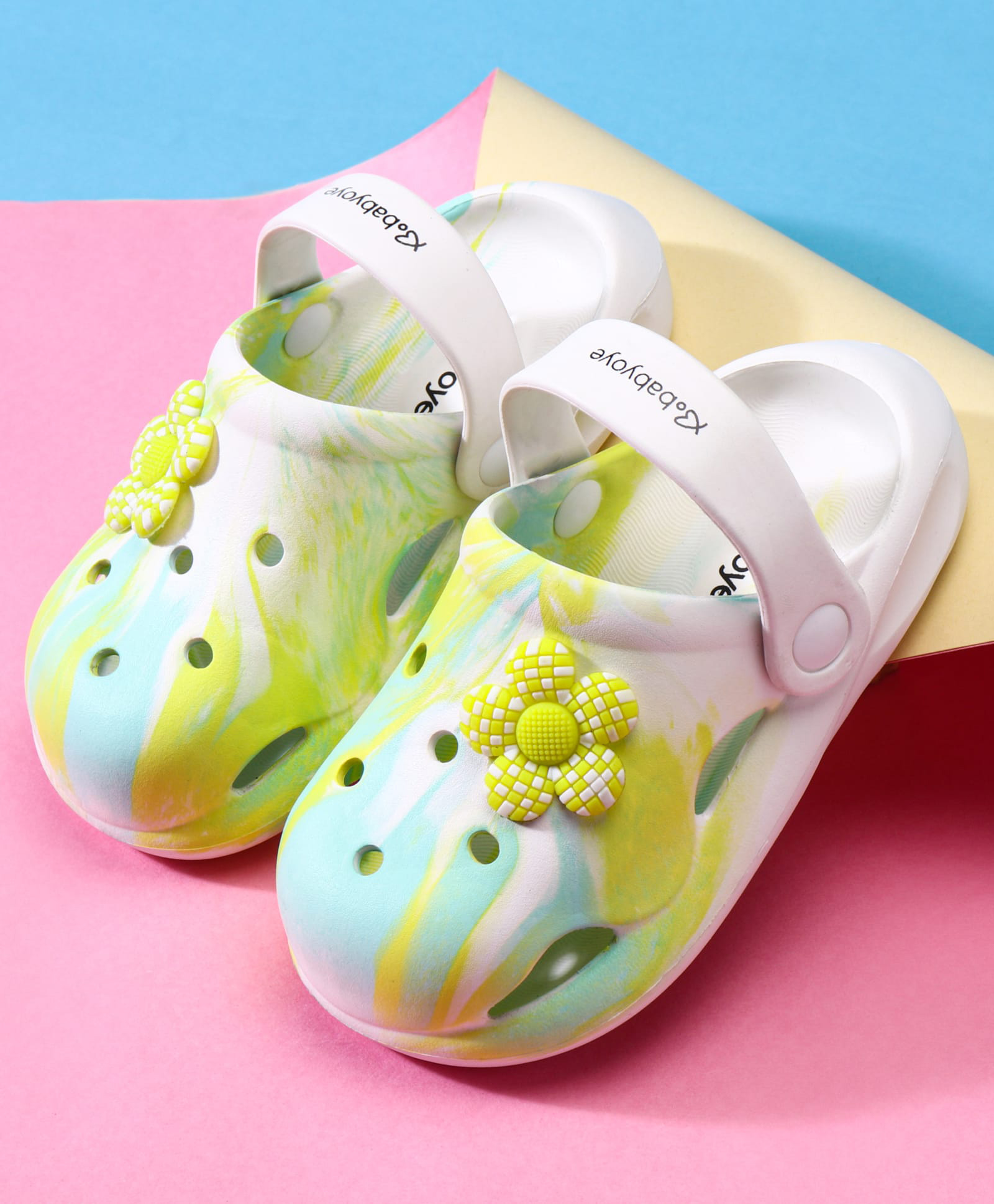 Babyoye Clogs with Back Strap Closure & Floral Applique - White & Yellow-picture-26