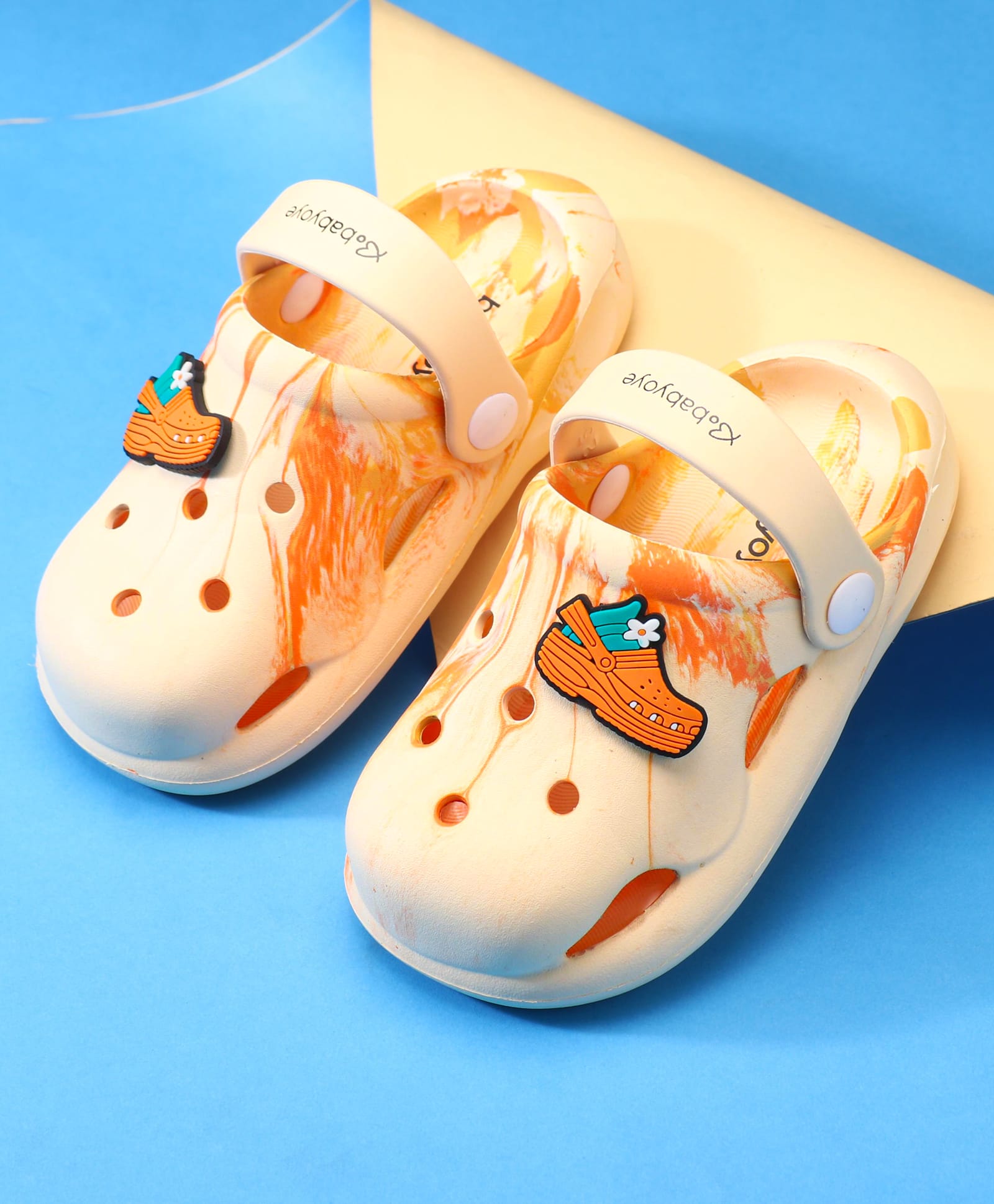 Babyoye Slip On Clogs With Back Strap Marble Print & Applique - Orange