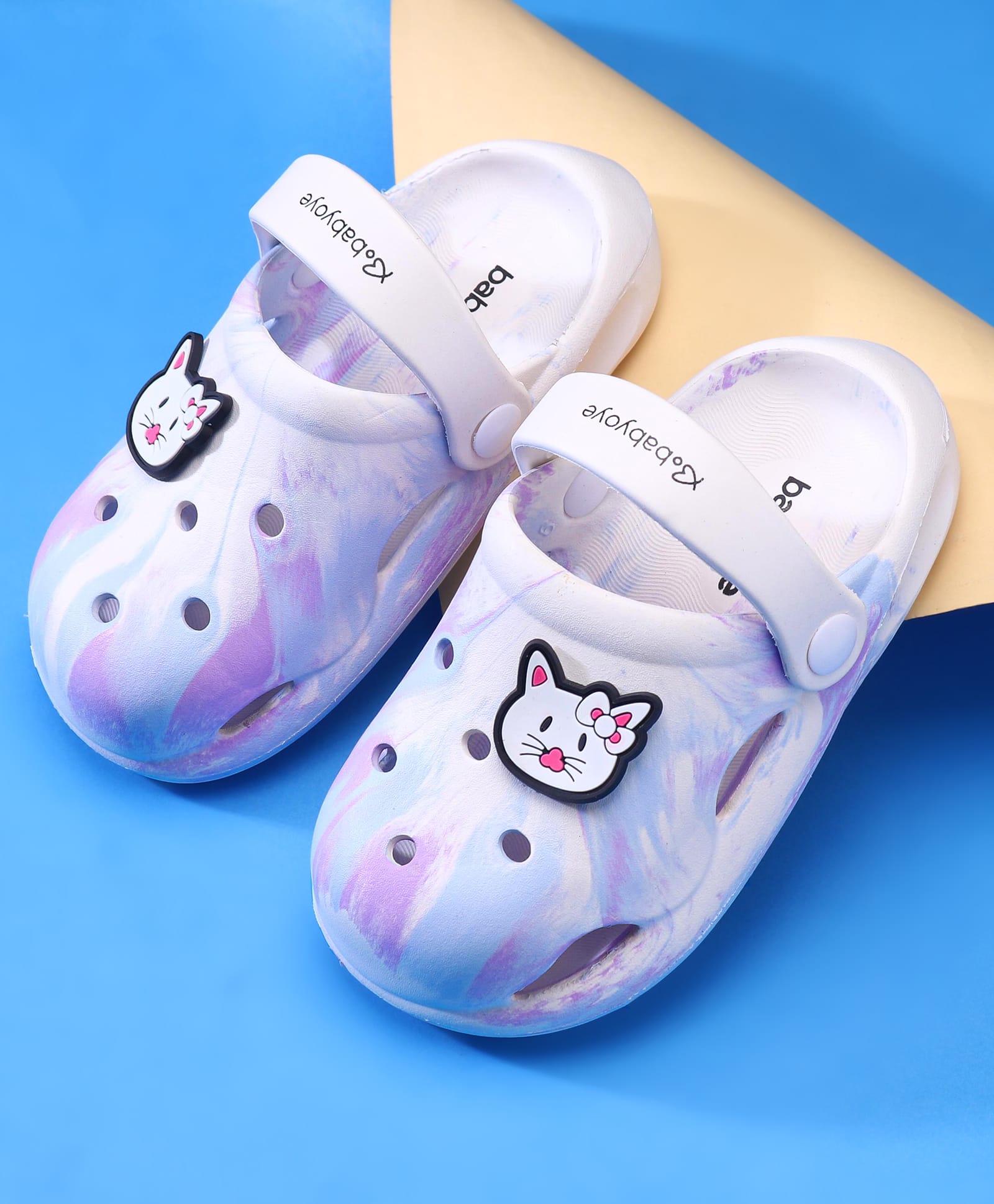 Babyoye Clogs with Back Strap Closure & Cat Applique - White & Lavender-picture-25
