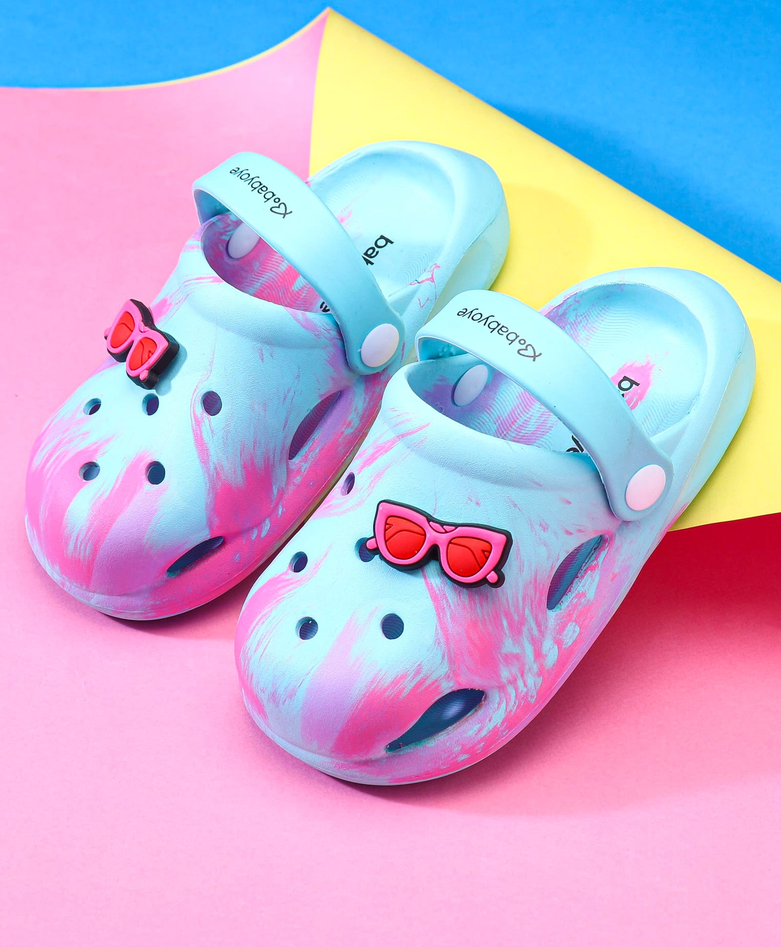 Babyoye Clogs with Back Strap & Goggle Applique - Blue & Pink-image-35