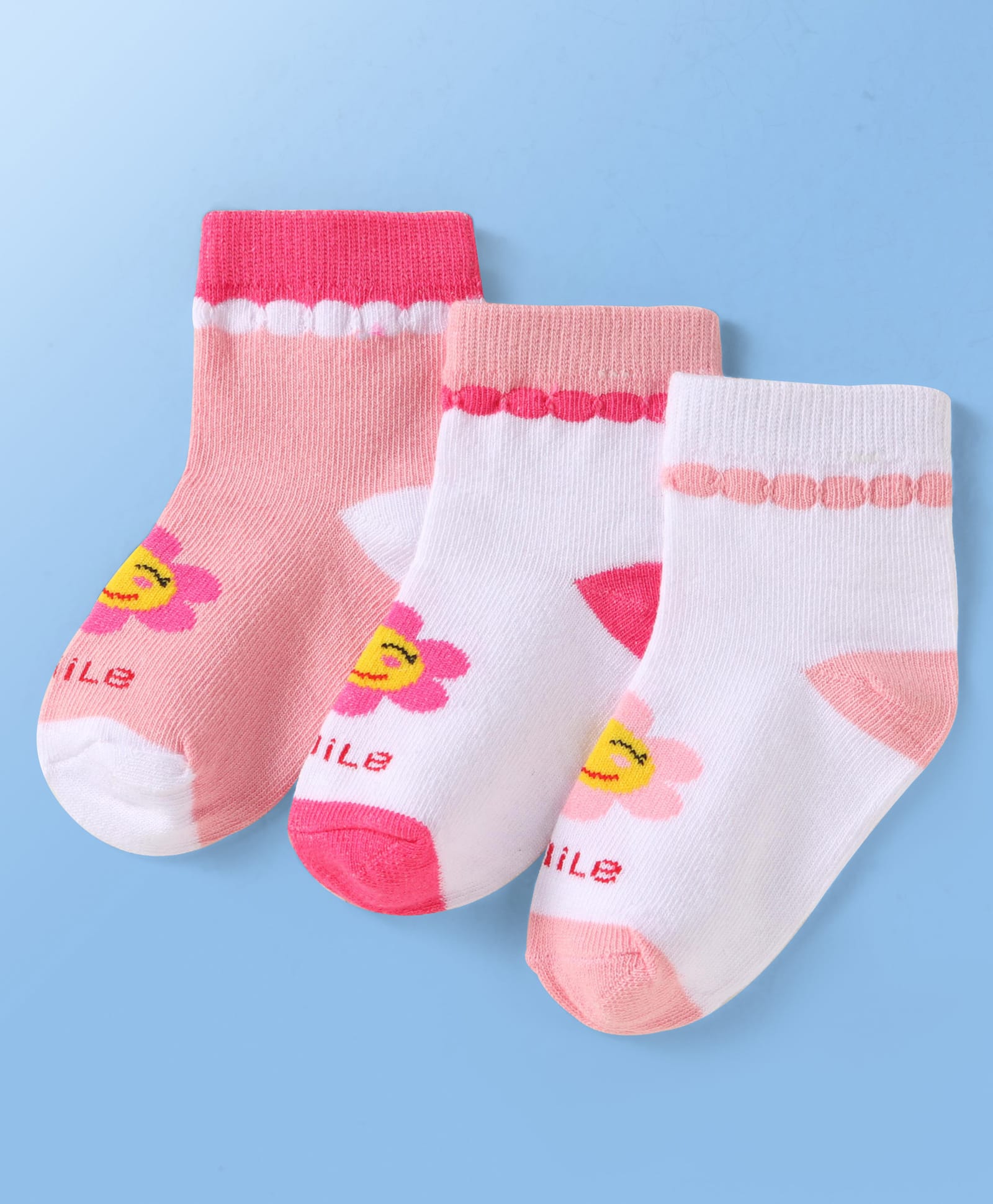 Doodle Poodle Cotton Knit Ankle Length Floral Printed Socks Pack of 3- Bright White & Light Pink-picture-14
