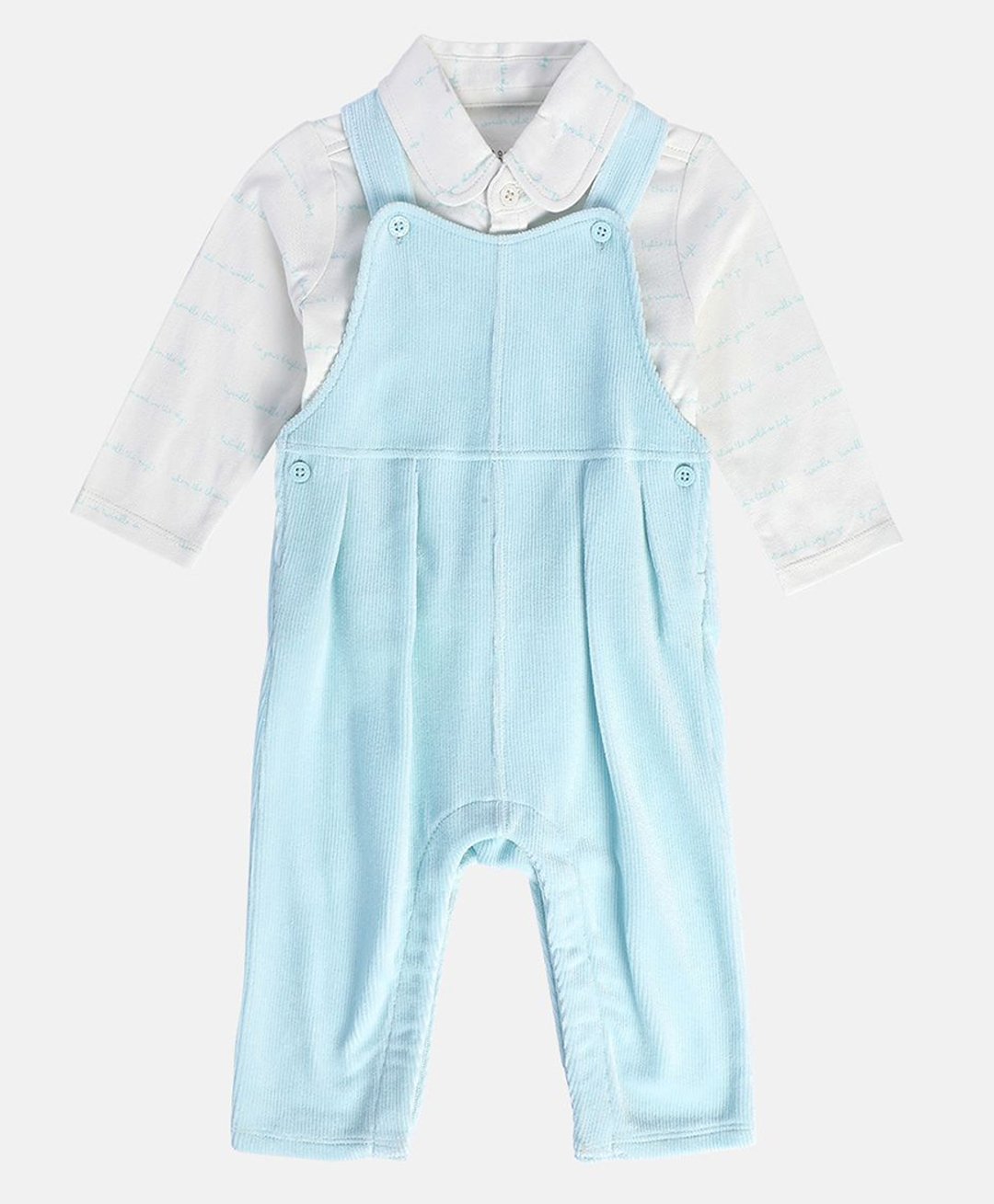 MINI KLUB Cotton Blend Solid Dungaree With Full Sleeves Typography Printed Tee - Blue & White-image-35