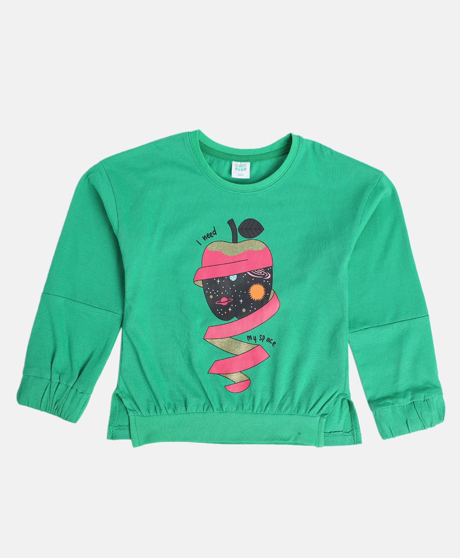 MINI KLUB Cotton Full Sleeves Apple & Space Theme Printed Top - Green-picture-36