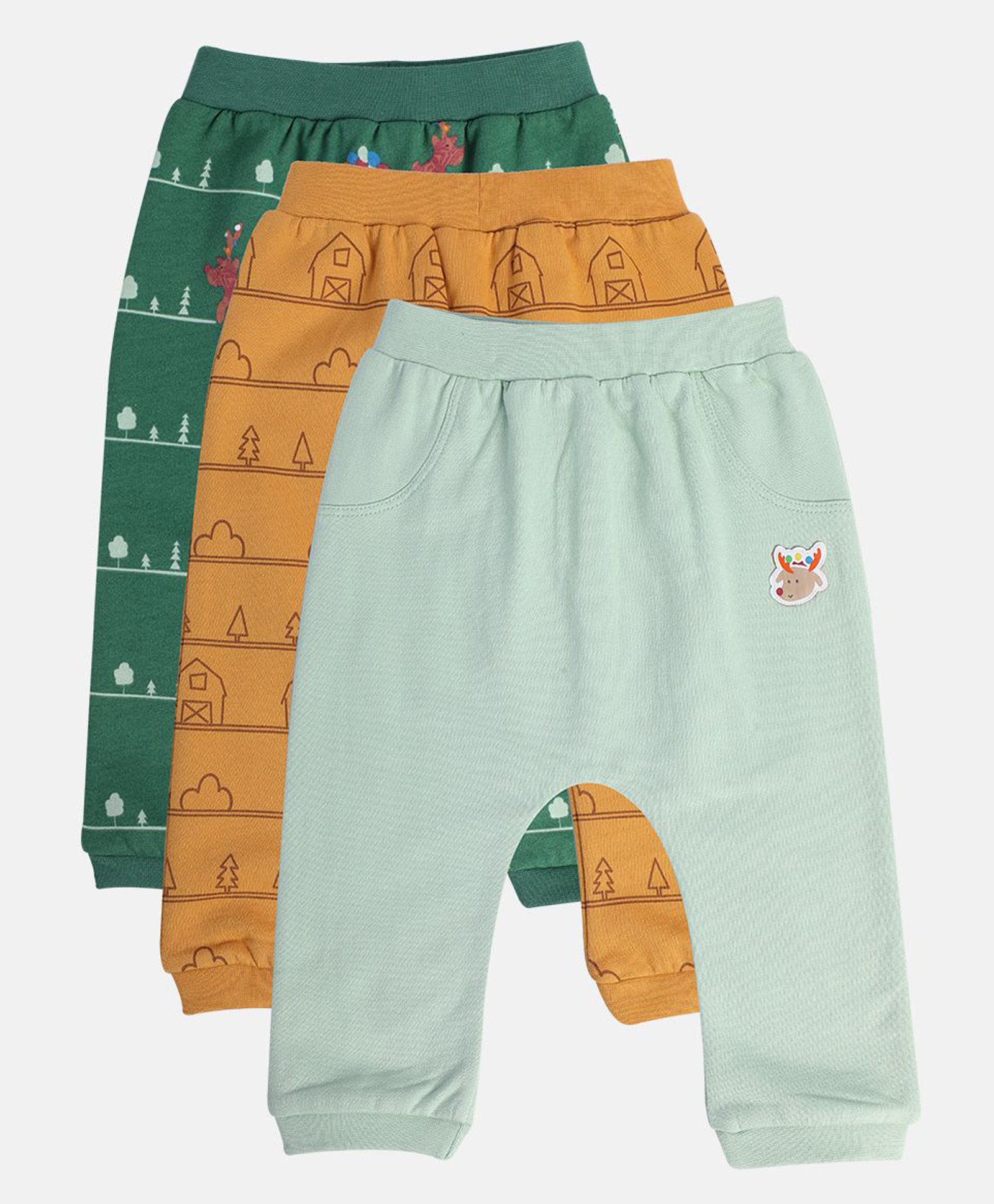 MINI KLUB Pack Of 3 Cotton Reindeer Patch Detailed & House Printed Pants - Green Yellow & Light Blue-picture-15