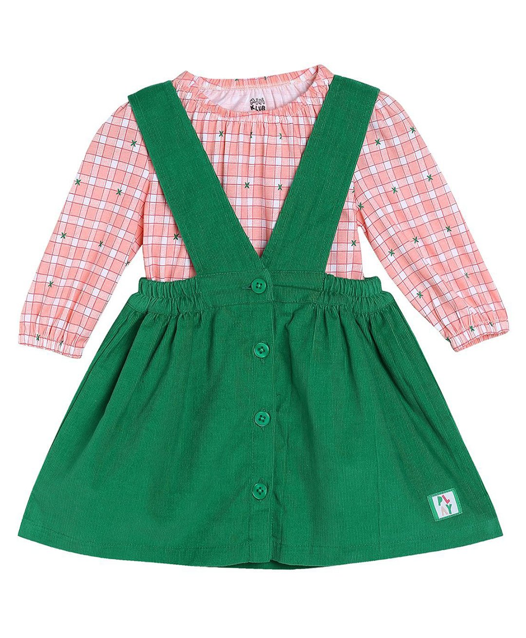 MINI KLUB Cotton Play Text Patch Detailed Pinafore Dress With Full Puffed Sleeves Checked Top - Green-picture-2