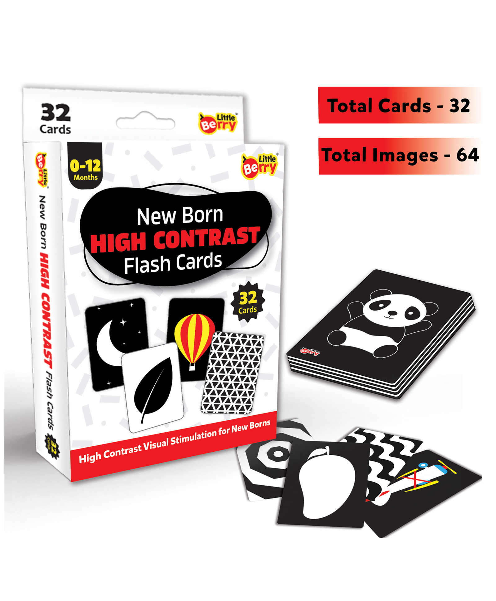 Little Berry High Contrast Flash Cards for New Born Baby- 32 Black & White Cards-picture-18