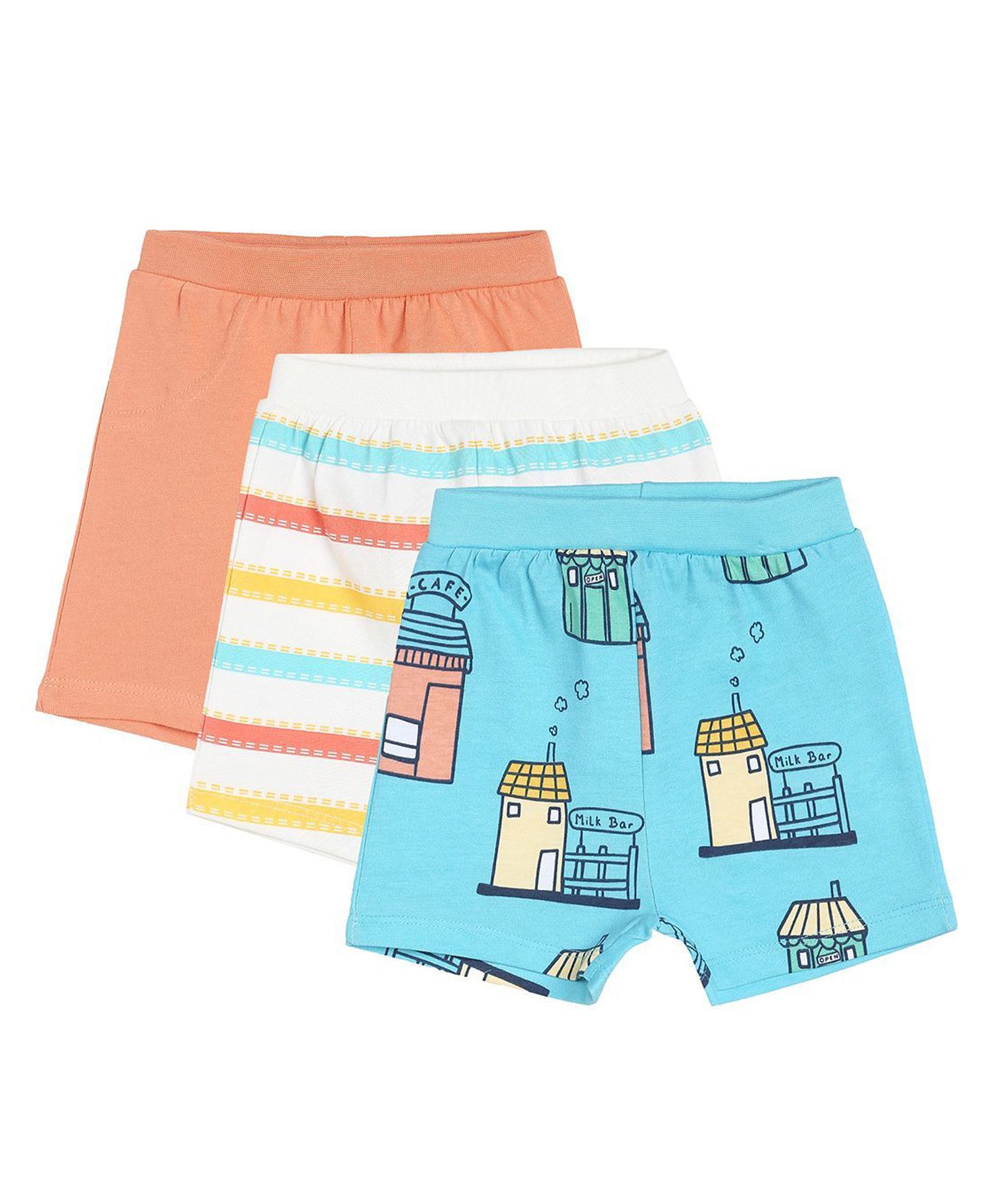MINI KLUB Pack Of 3 Cotton Solid & Striped Shorts - Peach Blue & White-image-19