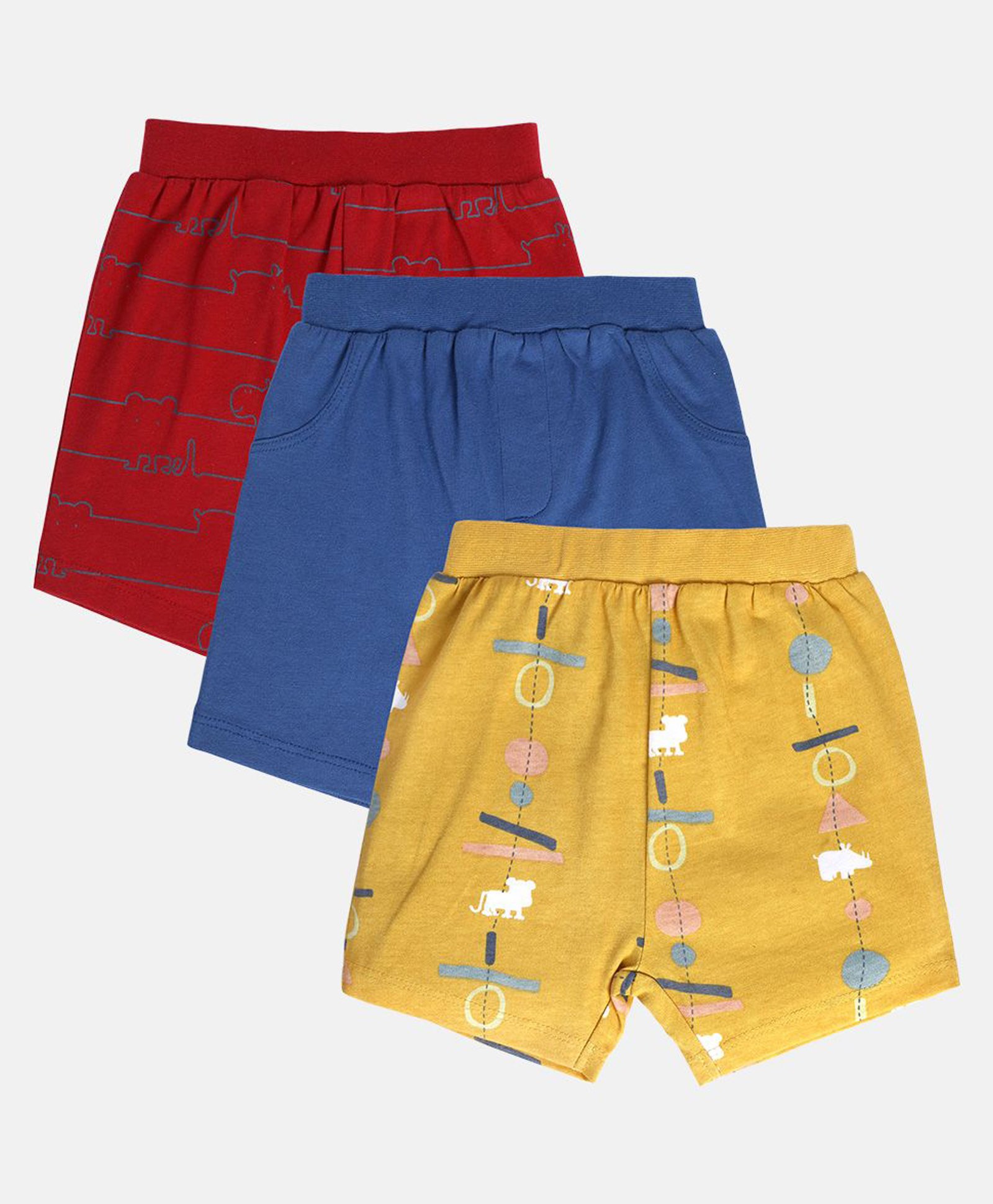 MINI KLUB Pack Of 3 Cotton Solid & Animals Printed Shorts - Red Blue & Yellow-picture-11