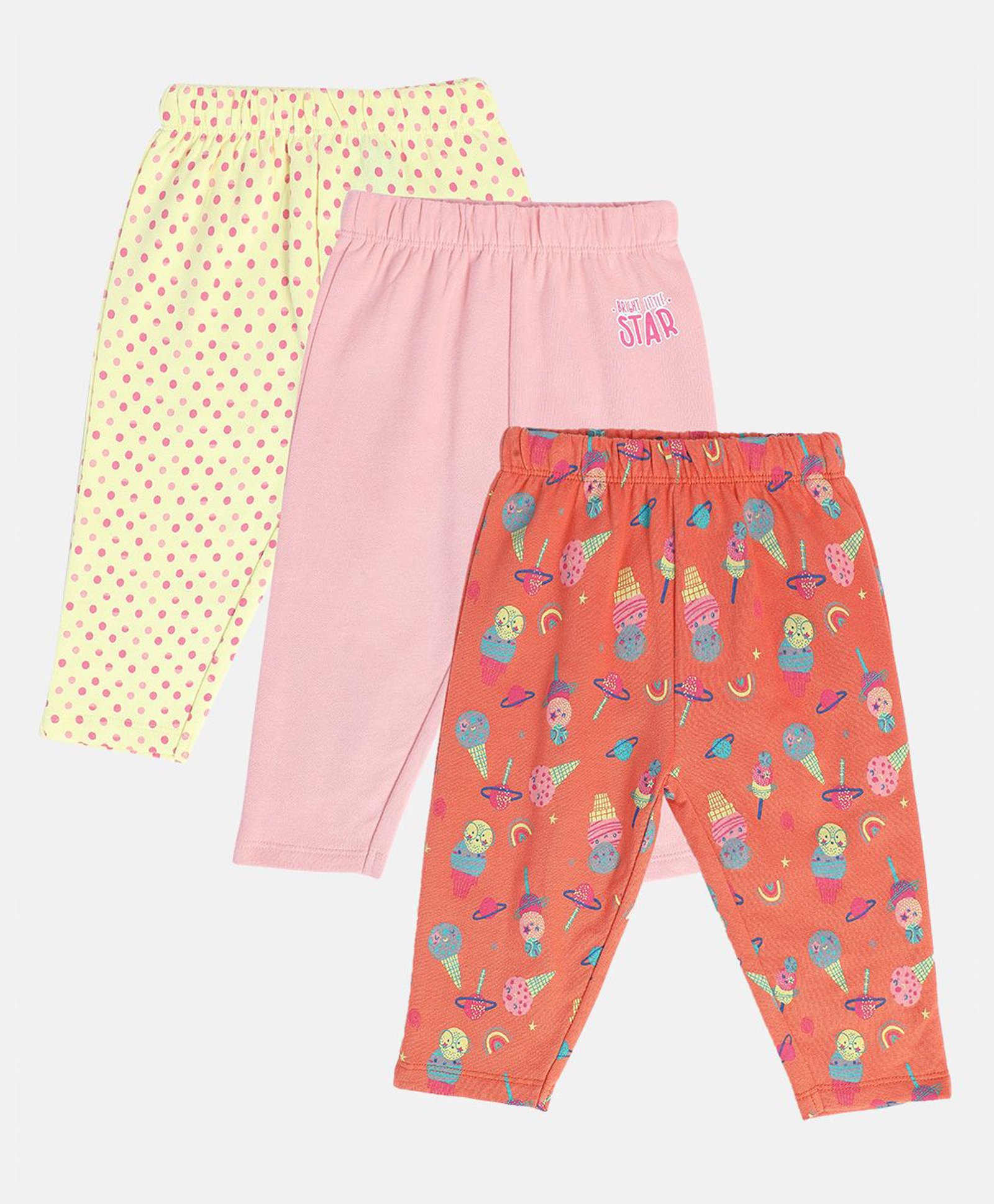 MINI KLUB Cotton Pack Of 3 Ice Cream & Polka Dots Printed Leggings - Orange Rose Pink & Lime-image-47