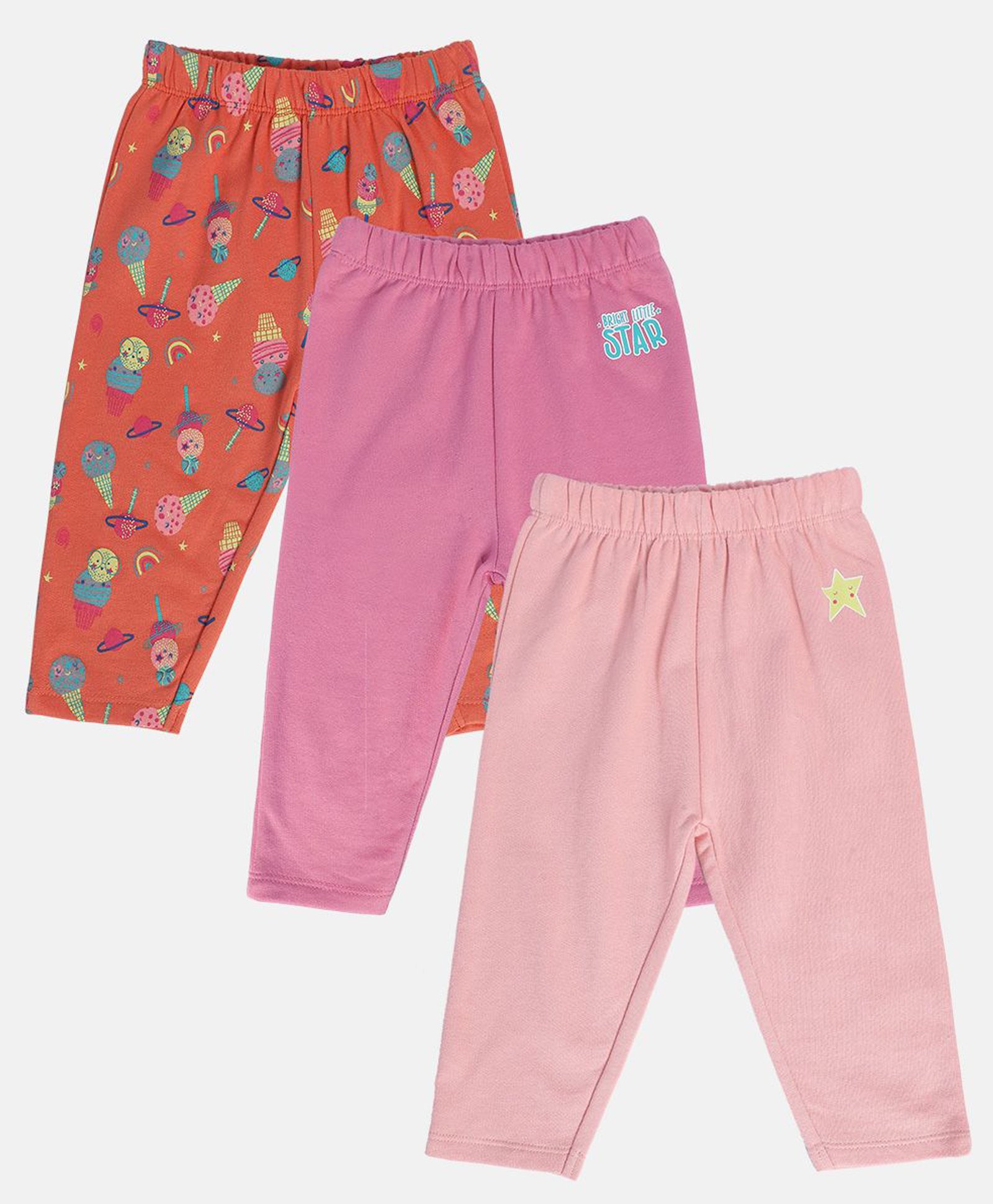 MINI KLUB Cotton Pack Of 3 Bright Little Star Text & Ice Creams Printed Leggings - Grey Orange & Pink-image-7