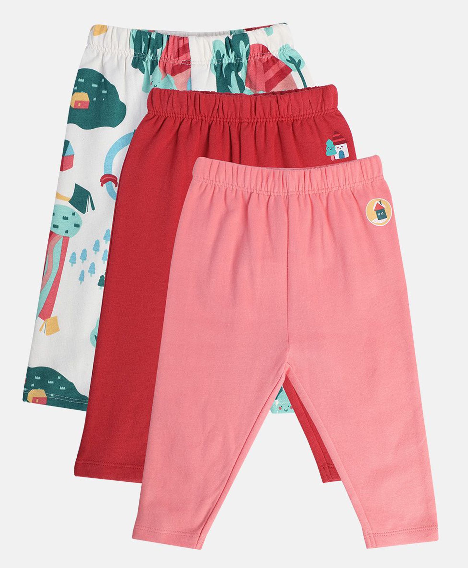 MINI KLUB Cotton Pack Of 3 Trees Printed Leggings - White Red & Pink-image-39