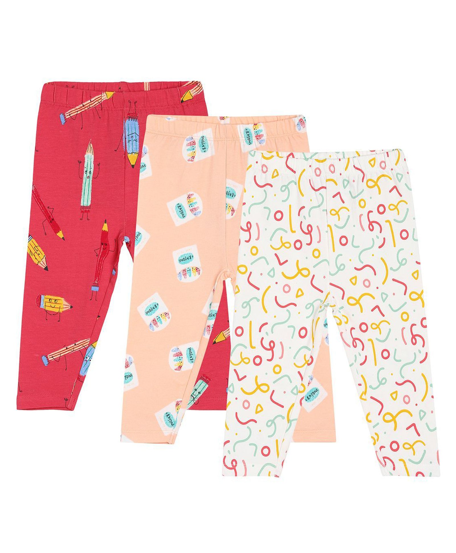 MINI KLUB Cotton Pack Of 3 Pencil & Confetti Printed Leggings - Red Peach & White-image-10