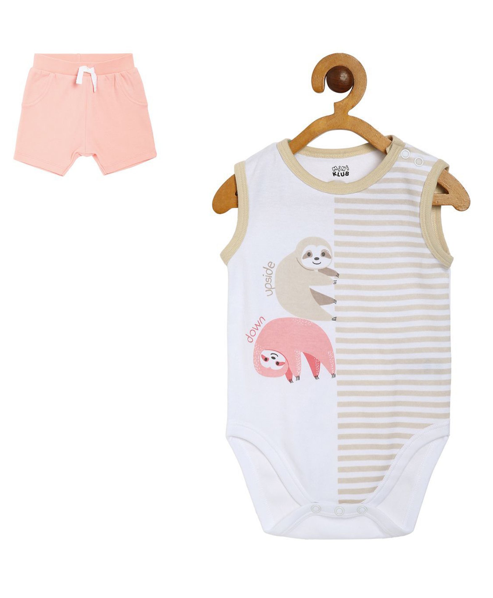 MINI KLUB Cotton Sleeveless Sloth Printed & Striped Onesie With Shorts - White & Peach-image-3