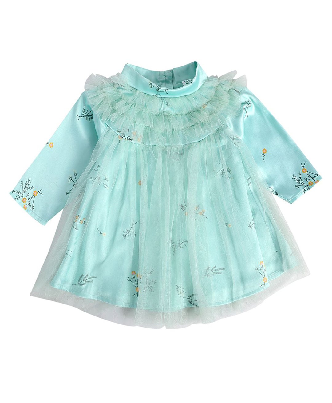 MINI KLUB Cotton Full Sleeves Floral Printed Ruffle Detailed Dress - Aqua Blue-picture-3