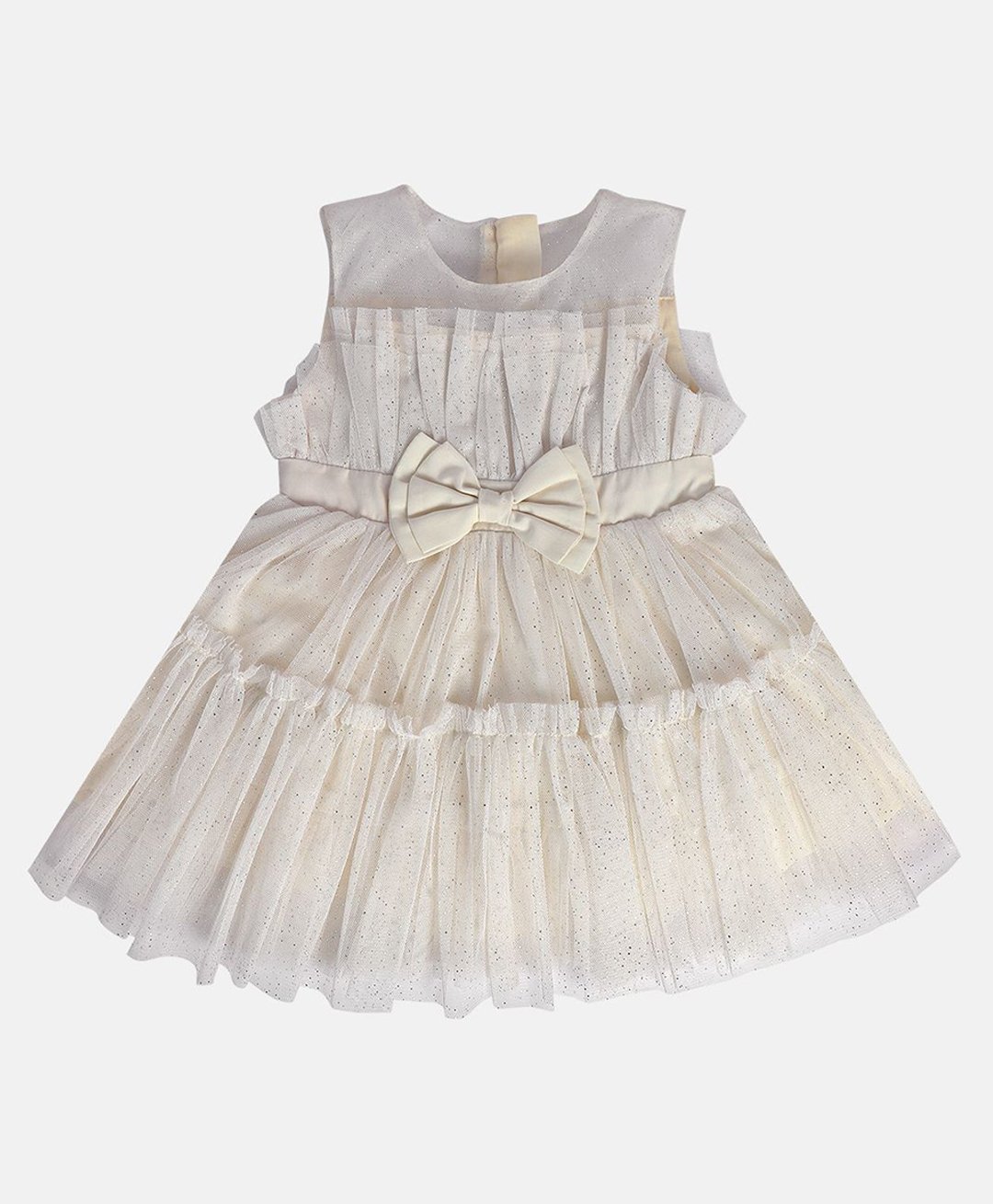 MINI KLUB Cotton Sleeveless Bow Applique & Pleat Detailed Glitter Printed Tiered Dress - White-image-21