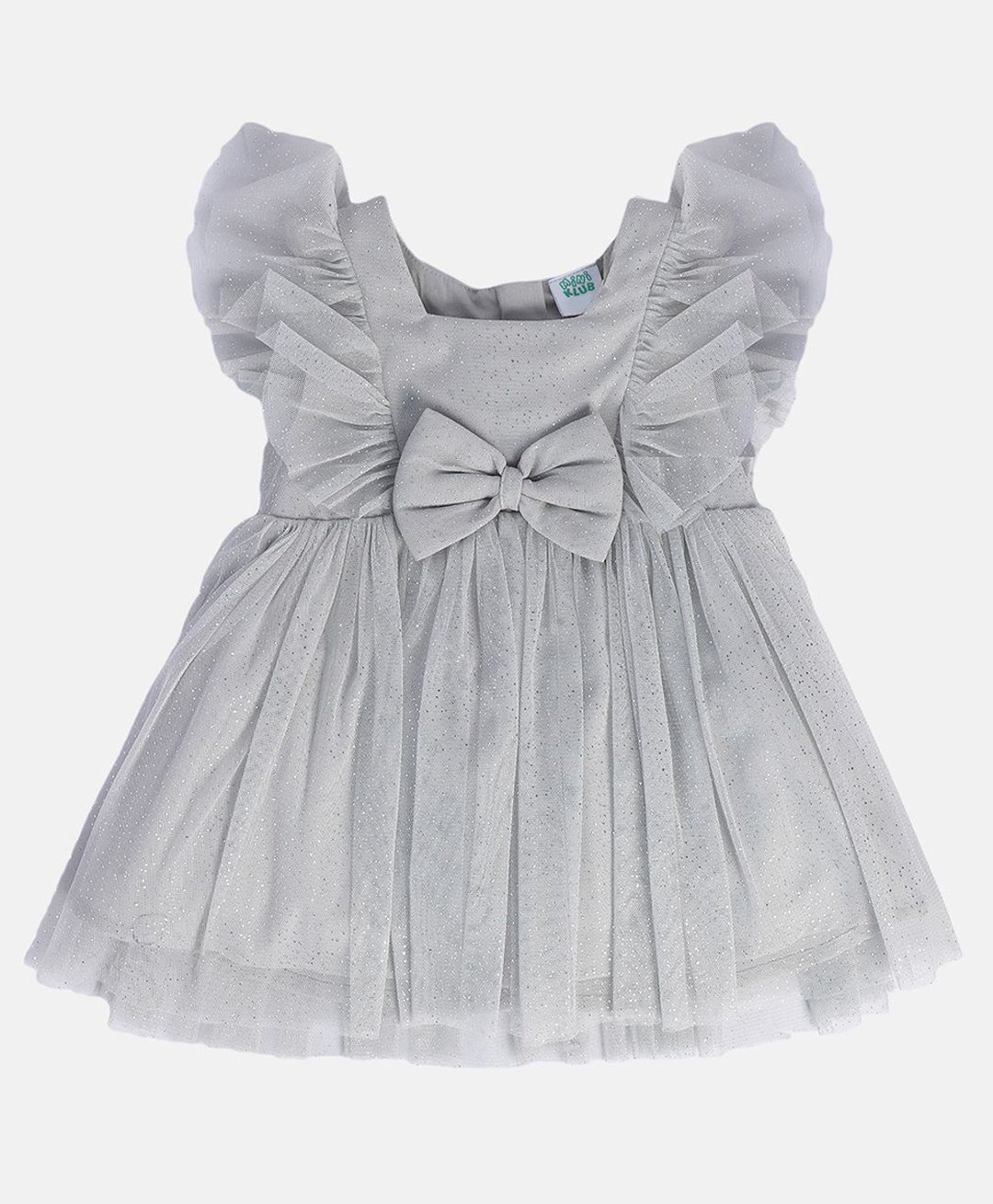 MINI KLUB Cotton Sleeveless Frill & Bow Applique Detailed Glitter Printed Dress - Grey-image-31