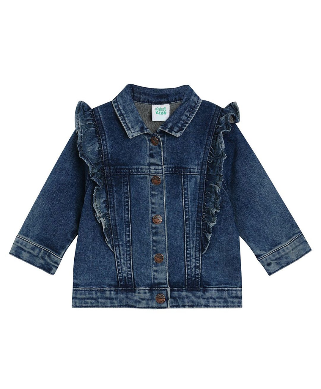 MINI KLUB Cotton Full Sleeves Frill Detailed Mild Washed Jacket - Mid Blue-image-24