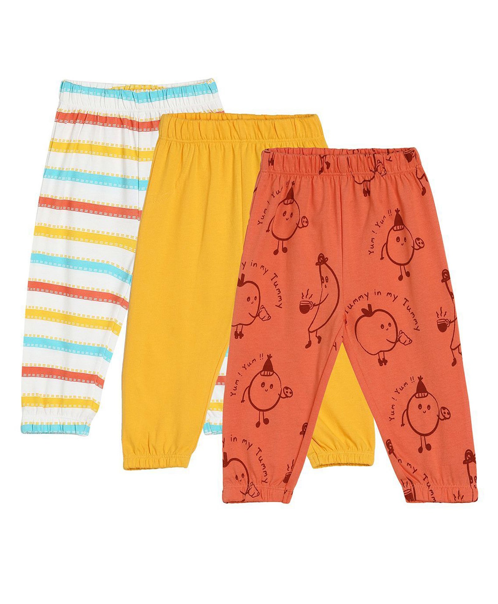 MINI KLUB Pack Of 3 Cotton Solid & Striped Pants - Rust White & Yellow-picture-10