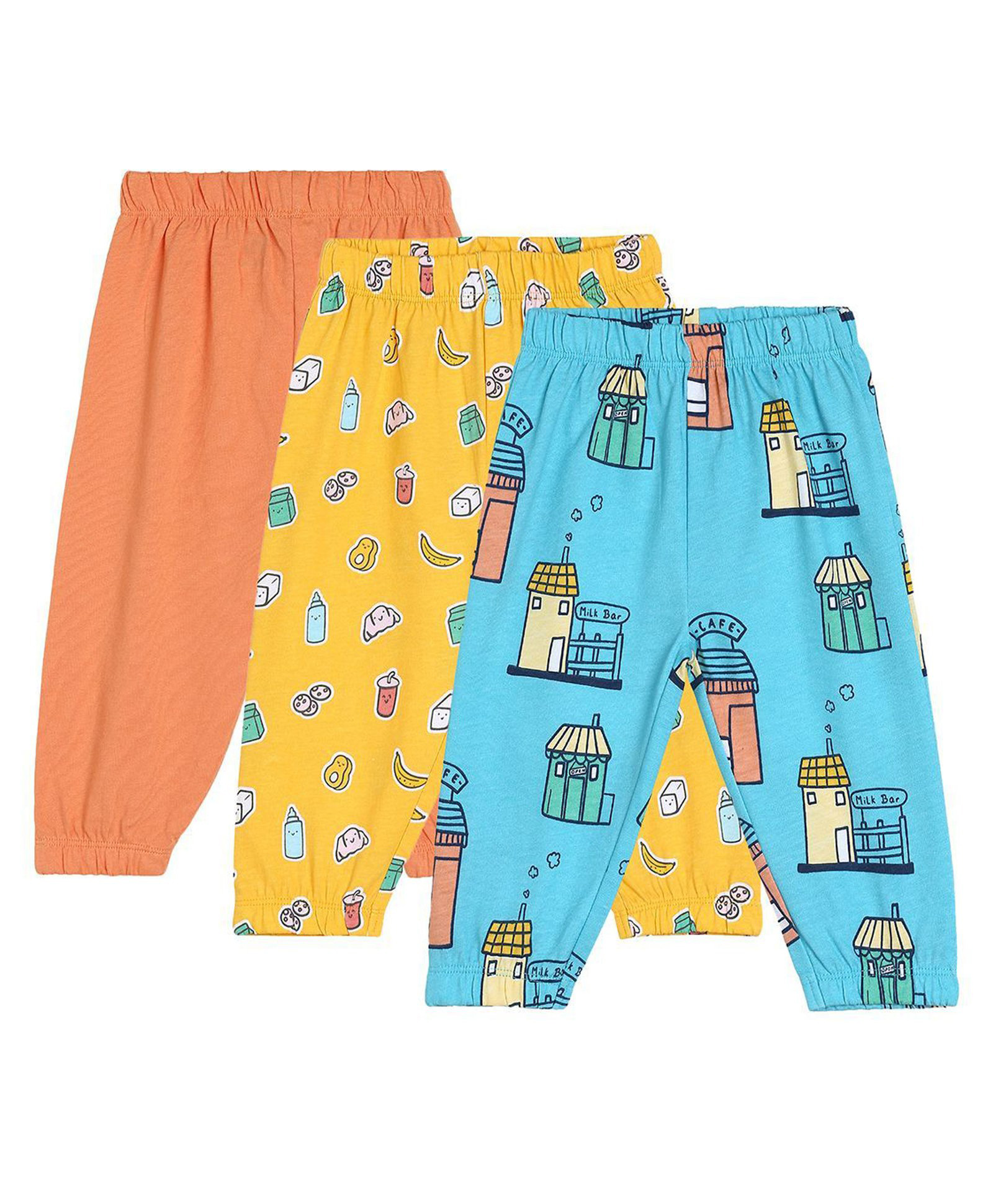 MINI KLUB Pack Of 3 Cotton House & Doodle Art Printed Pant - Peach Blue & Yellow-picture-18