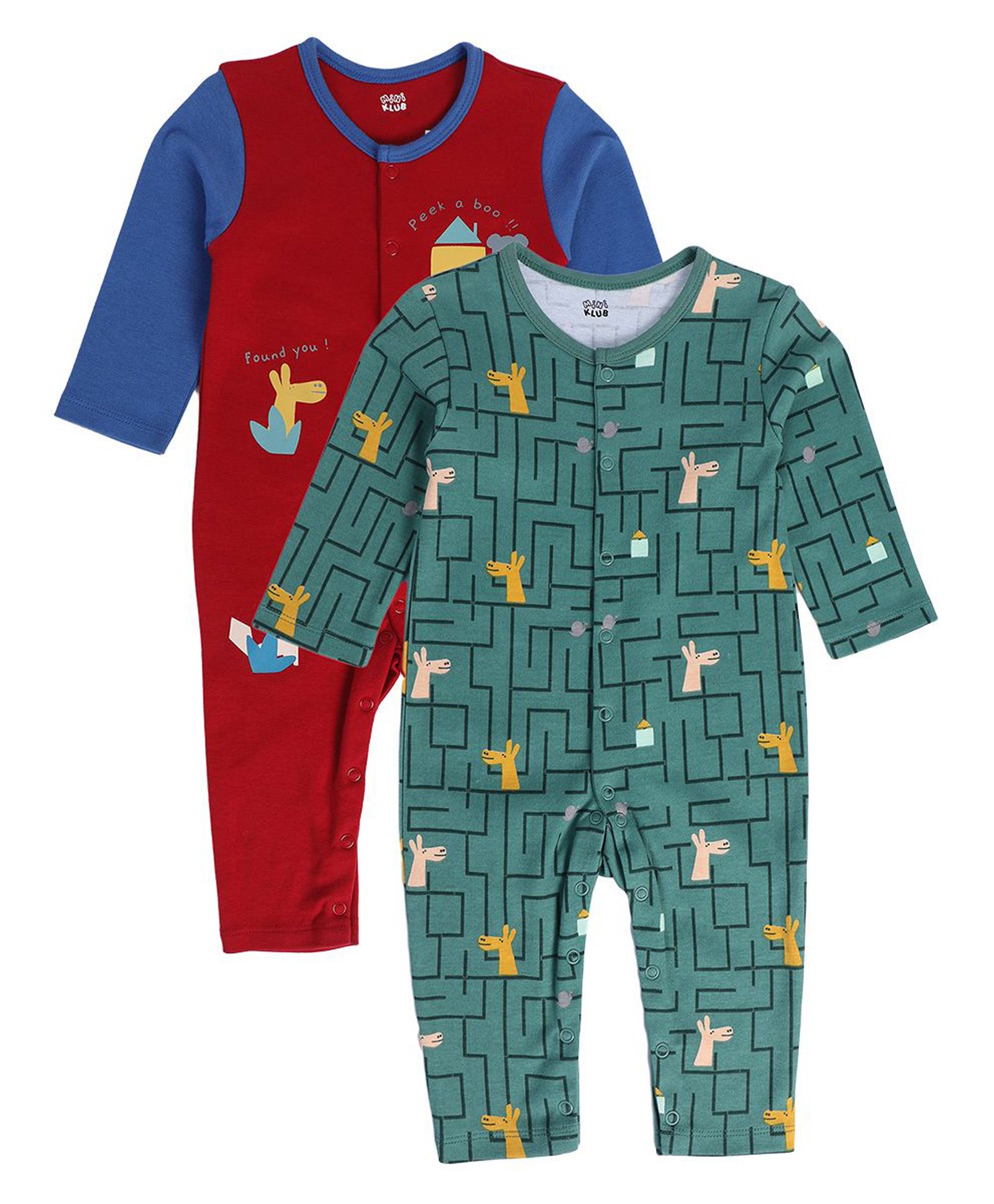 MINI KLUB Cotton Pack Of 2 Full Sleeves Animal Printed Rompers - Red & Blue-image-47