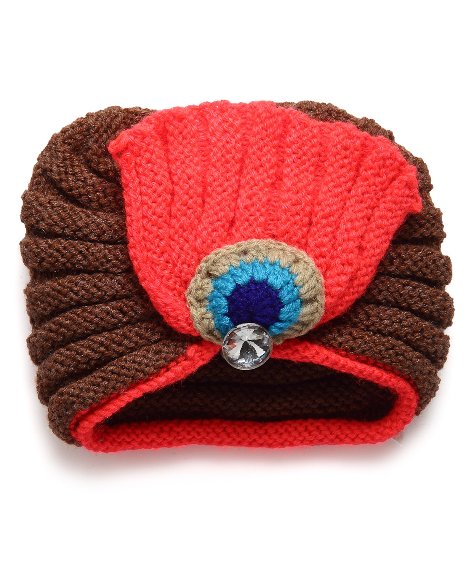 MayRa Knits Stone Embellished & Peacock Feather Designed Turban Cap - Brown & Orange-image-15